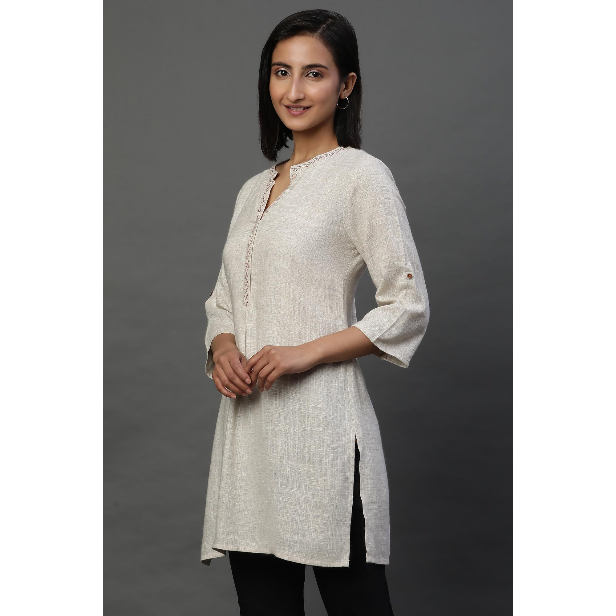 Aurelia Women's Rayon Solid Regular Kurti (24Fea30427_Beige