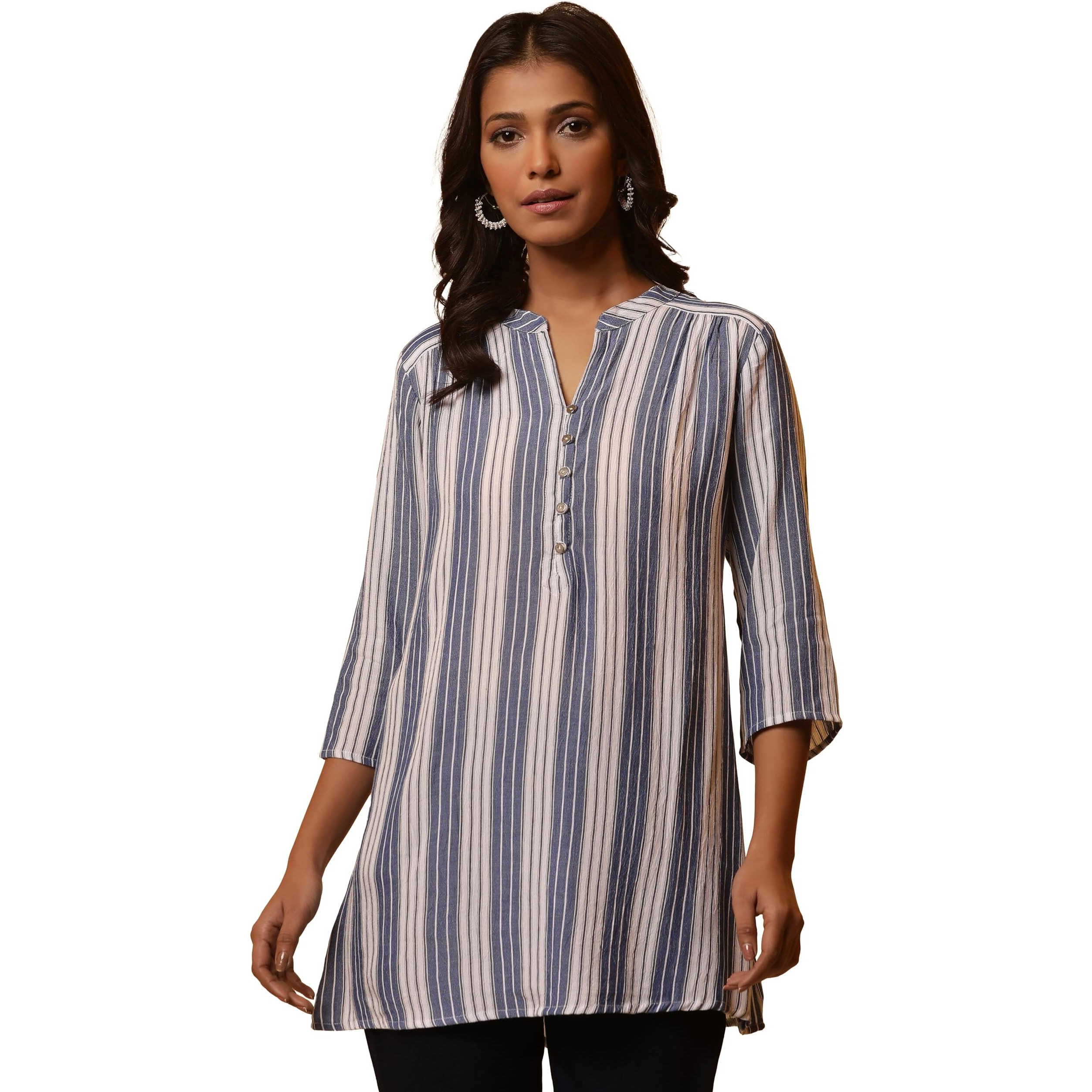 Aurelia Women Blue Striped Rayon Straight Kurti_24Fea30470_M
