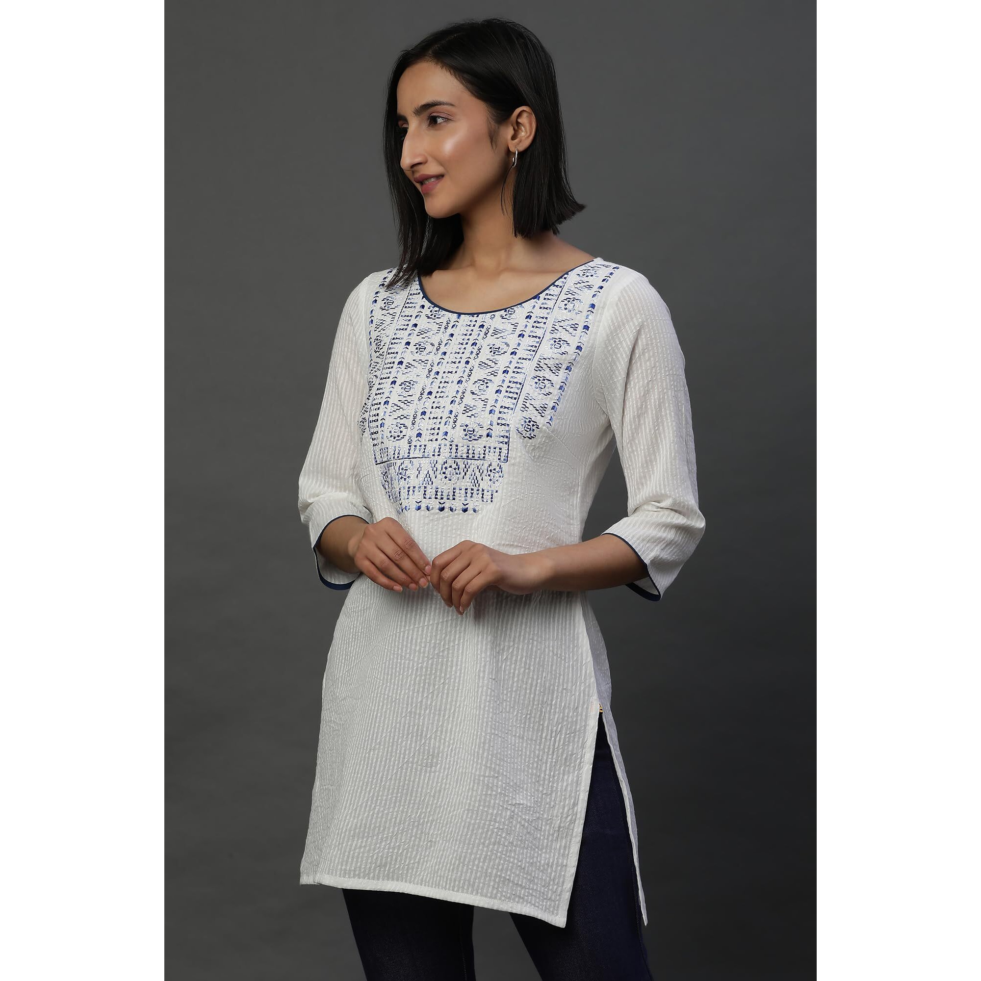 Aurelia Women's Cotton Blend Regular Kurti (24Fea30480_White
