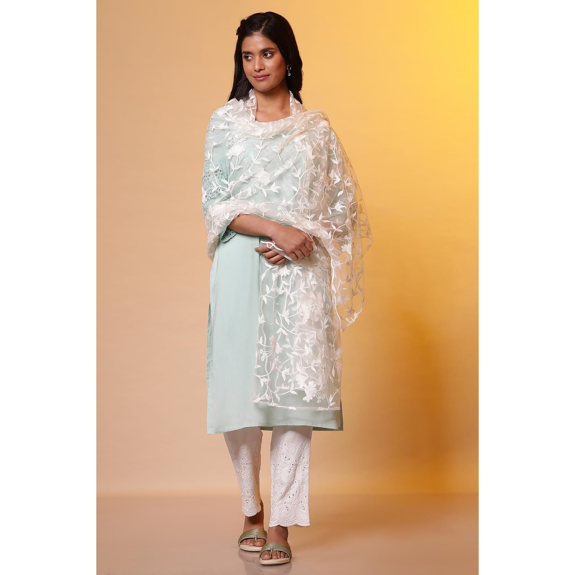 Aurelia Women Polyester Floral Print Dupatta, White, Free Size