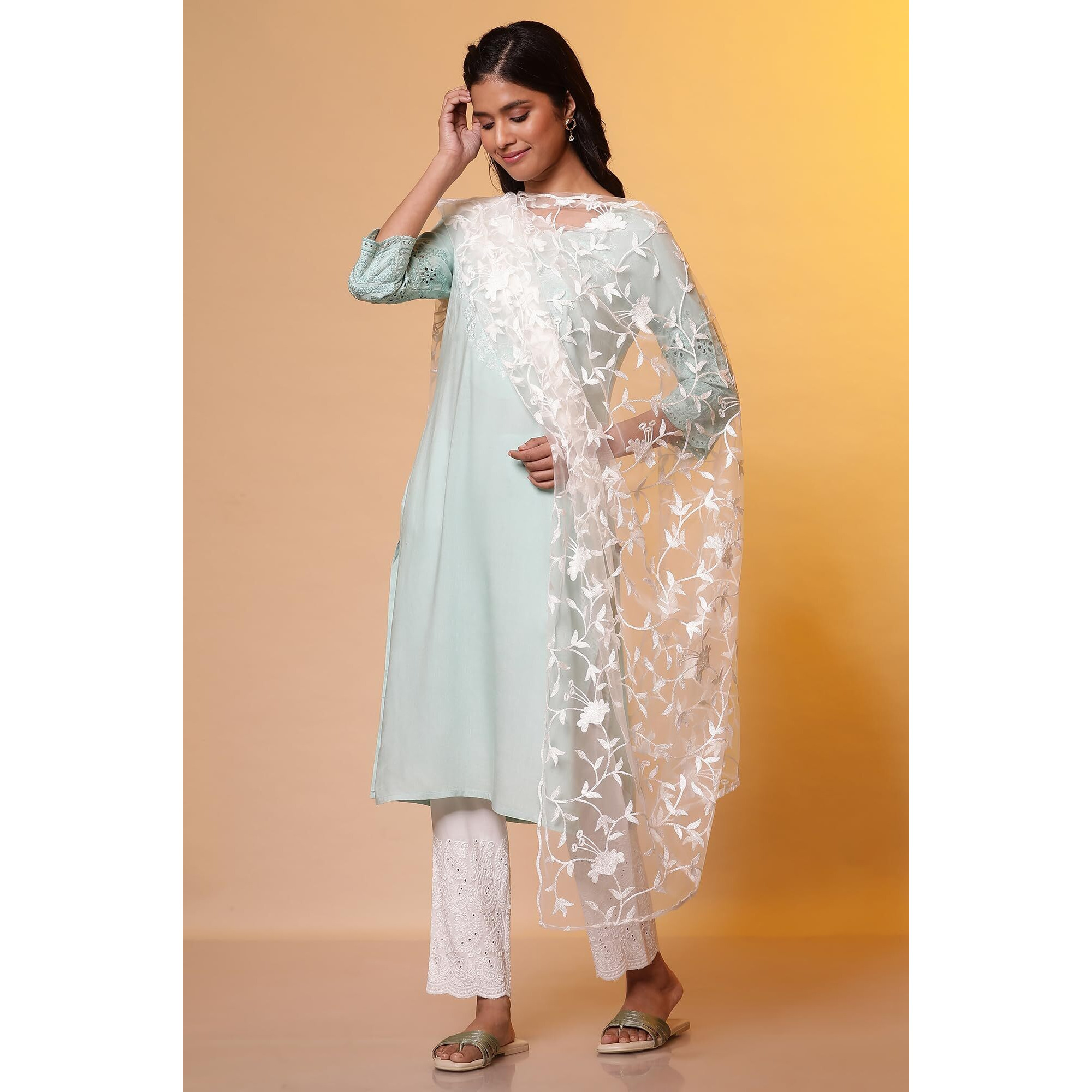 Aurelia Women Polyester Floral Print Dupatta, White, Free Size