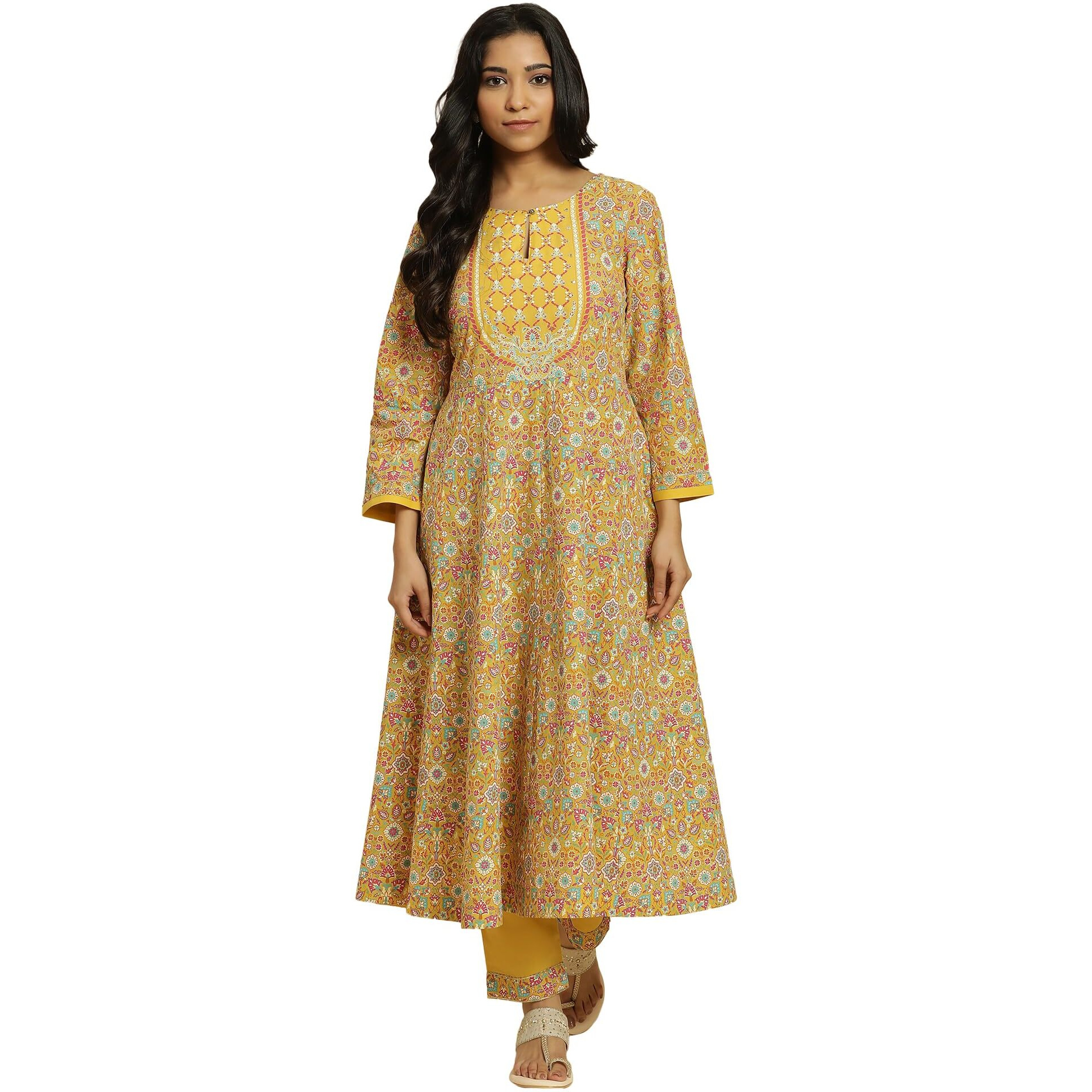 W For Woman Yellow Floral Printed Flared Kurta And Pants Set (Size L)-24Festws10952-C7144