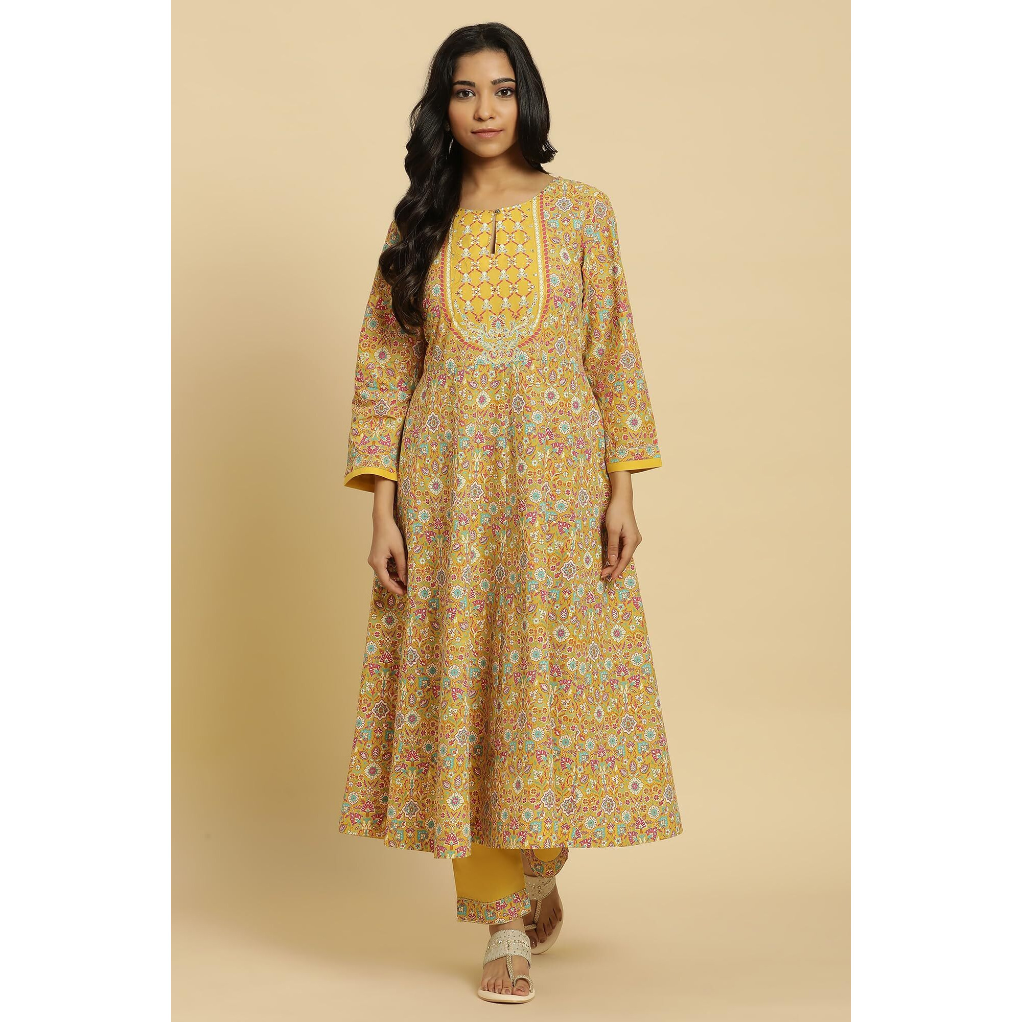 W For Woman Yellow Floral Printed Flared Kurta And Pants Set (Size L)-24Festws10952-C7144