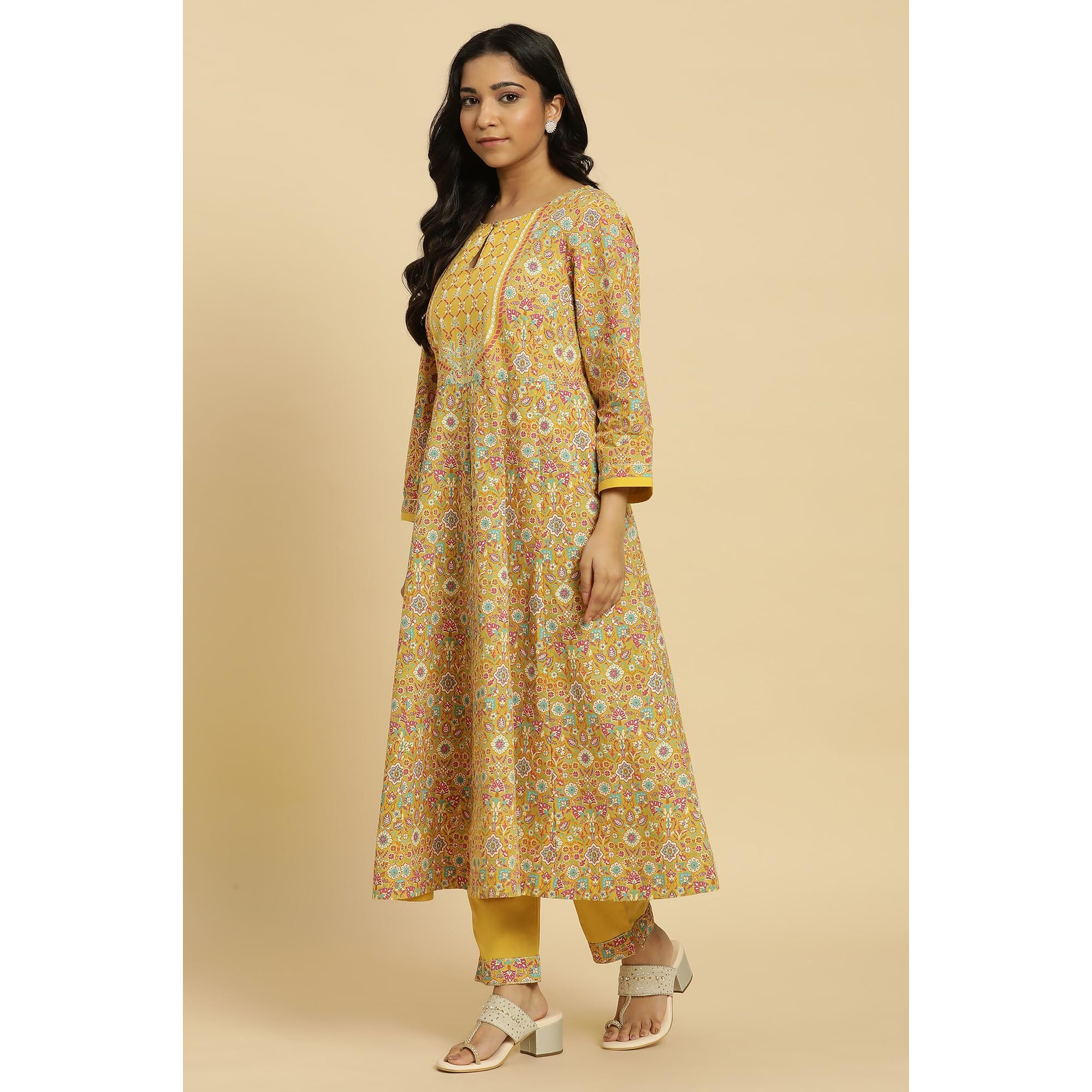 W For Woman Yellow Floral Printed Flared Kurta And Pants Set (Size L)-24Festws10952-C7144