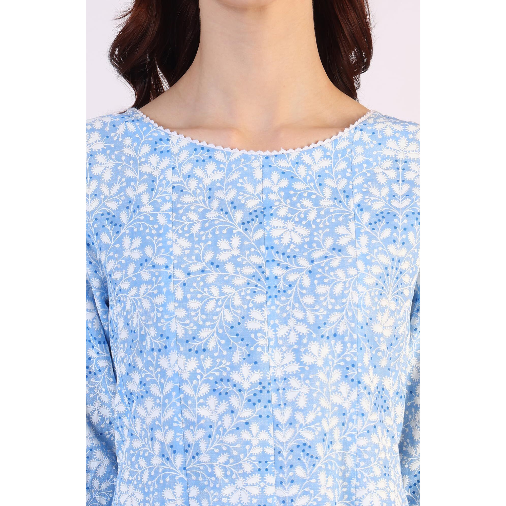 W For Woman Light Blue Floral Printed Flared Kurta (Size S)-24Few10817-123072