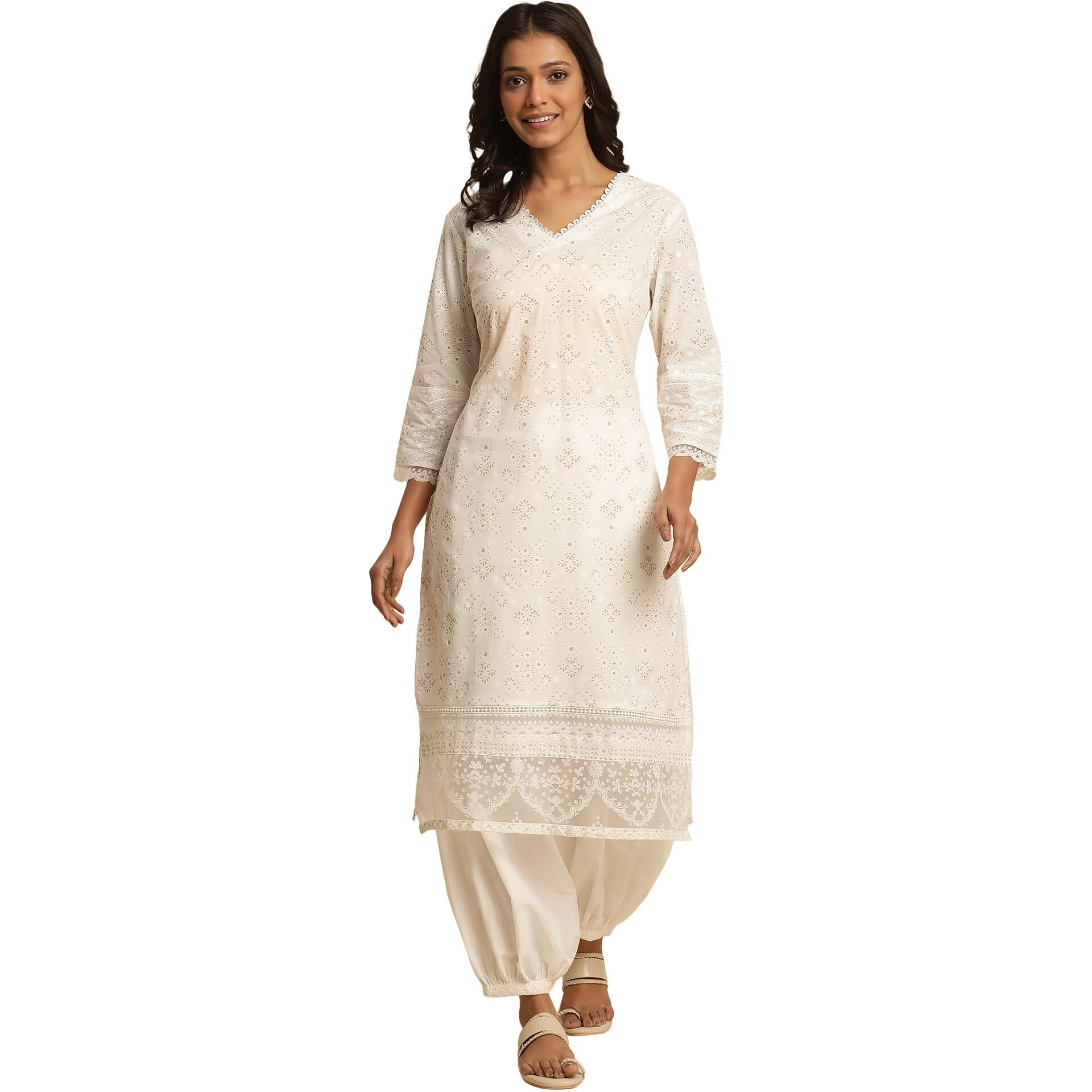 W Women White Floral Print Cotton Straight Kurta_24Few10818-123078_2Xl