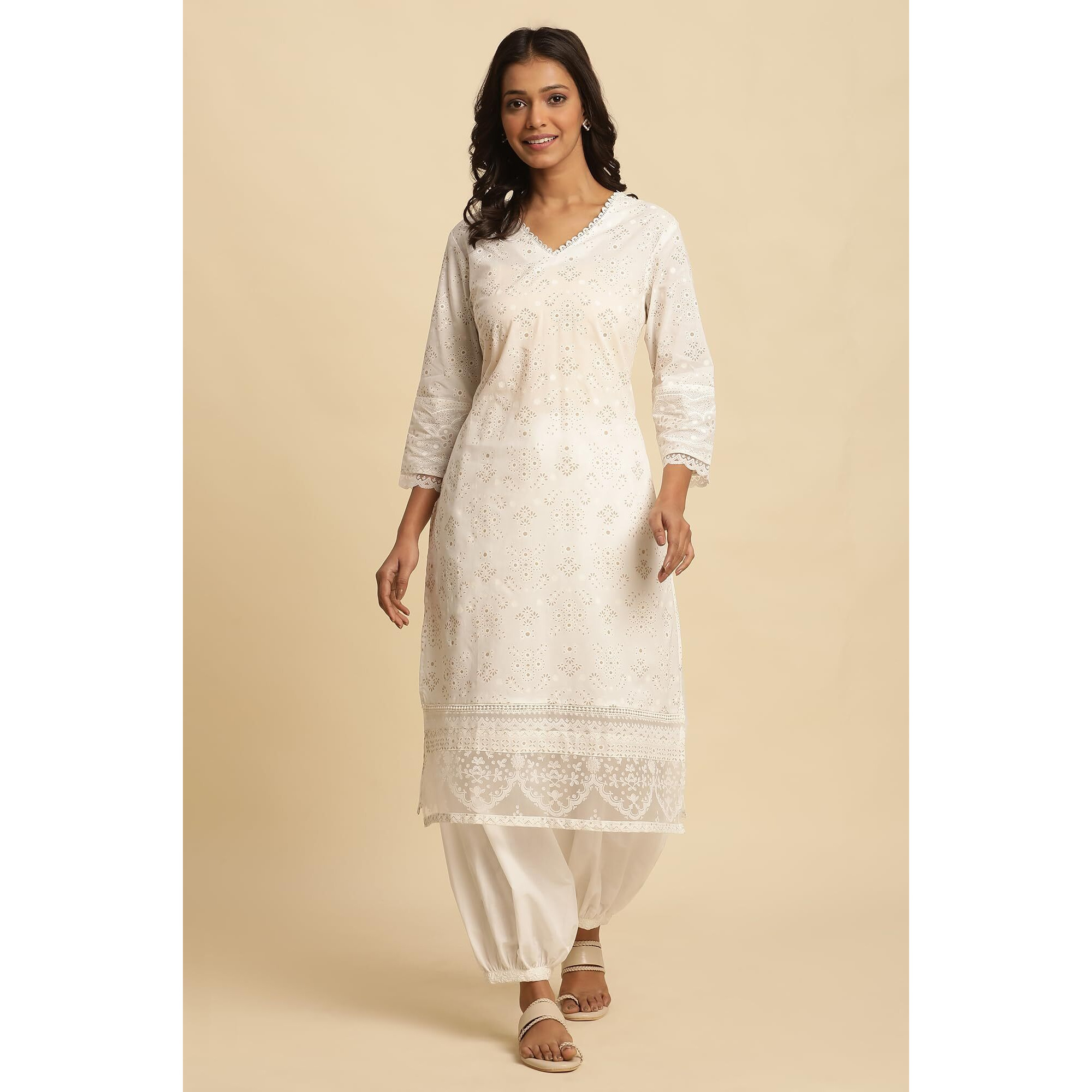 W Women White Floral Print Cotton Straight Kurta_24Few10818-123078_2Xl