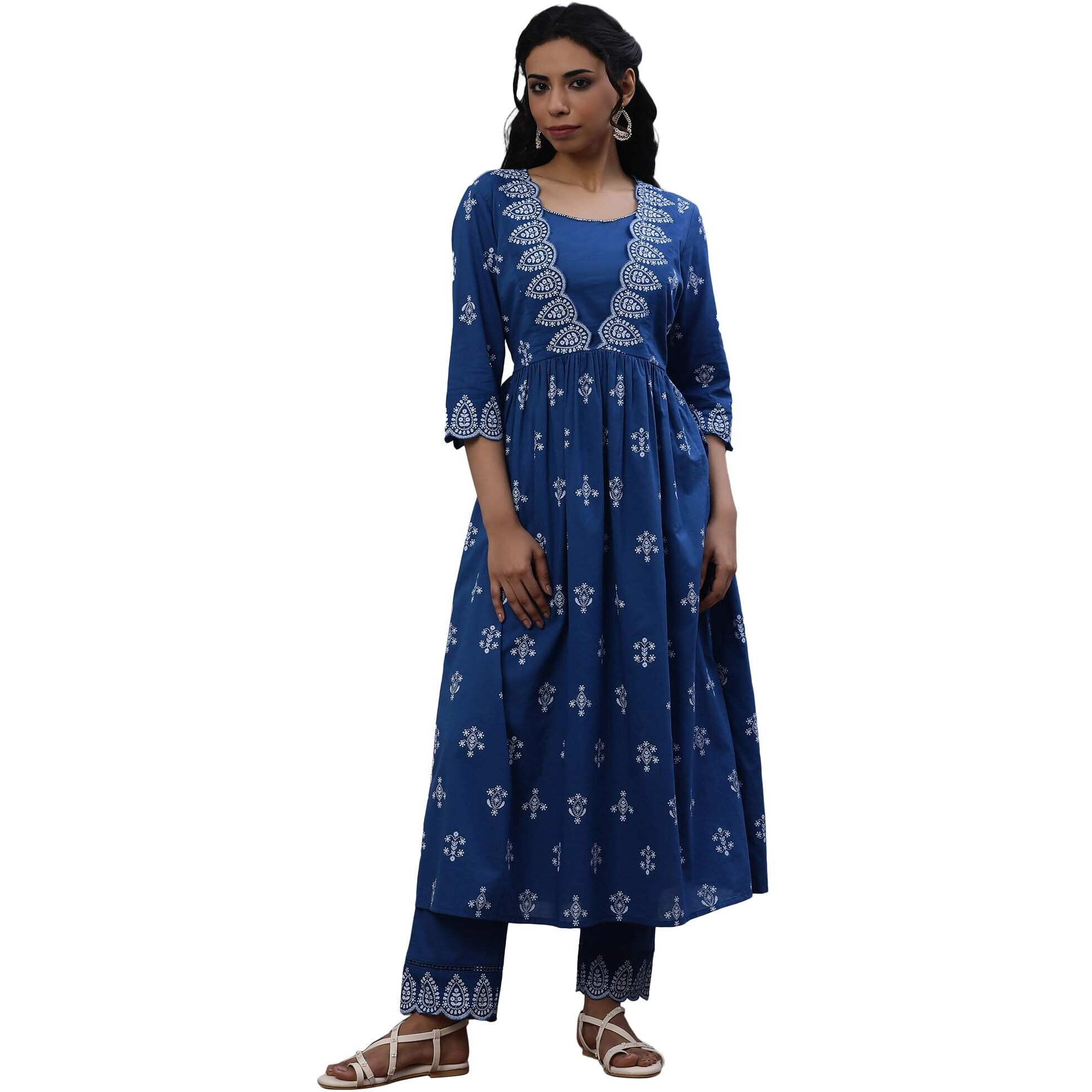 W For Woman W Women Blue Geometric Print Cotton Kurta & Straight Pant_24Fews10514-123670_2Xl