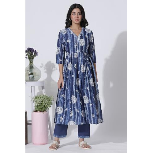 W For Woman Deep Blue Gathered Tie-Dye Floral Printed Kurta_24Fews10819-123076_3Xl