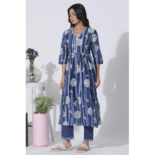 W For Woman Deep Blue Gathered Tie-Dye Floral Printed Kurta_24Fews10819-123076_3Xl