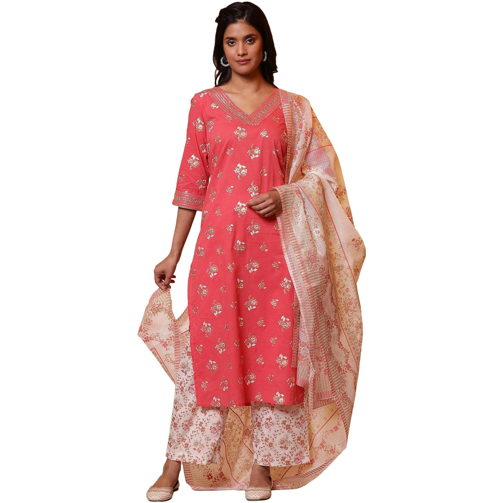 Aurelia Pink Floral Foil Printed Kurta, Palazzo And Dupatta Set (Size M)-24Feas15028-508225