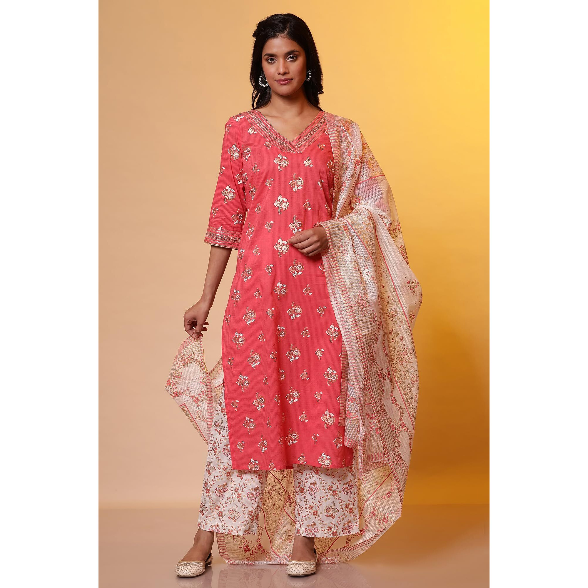 Aurelia Pink Floral Foil Printed Kurta, Palazzo And Dupatta Set (Size M)-24Feas15028-508225