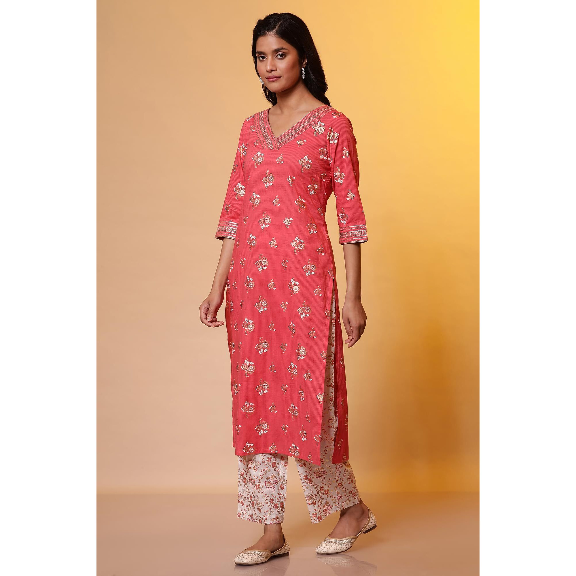 Aurelia Pink Floral Foil Printed Kurta, Palazzo And Dupatta Set (Size M)-24Feas15028-508225
