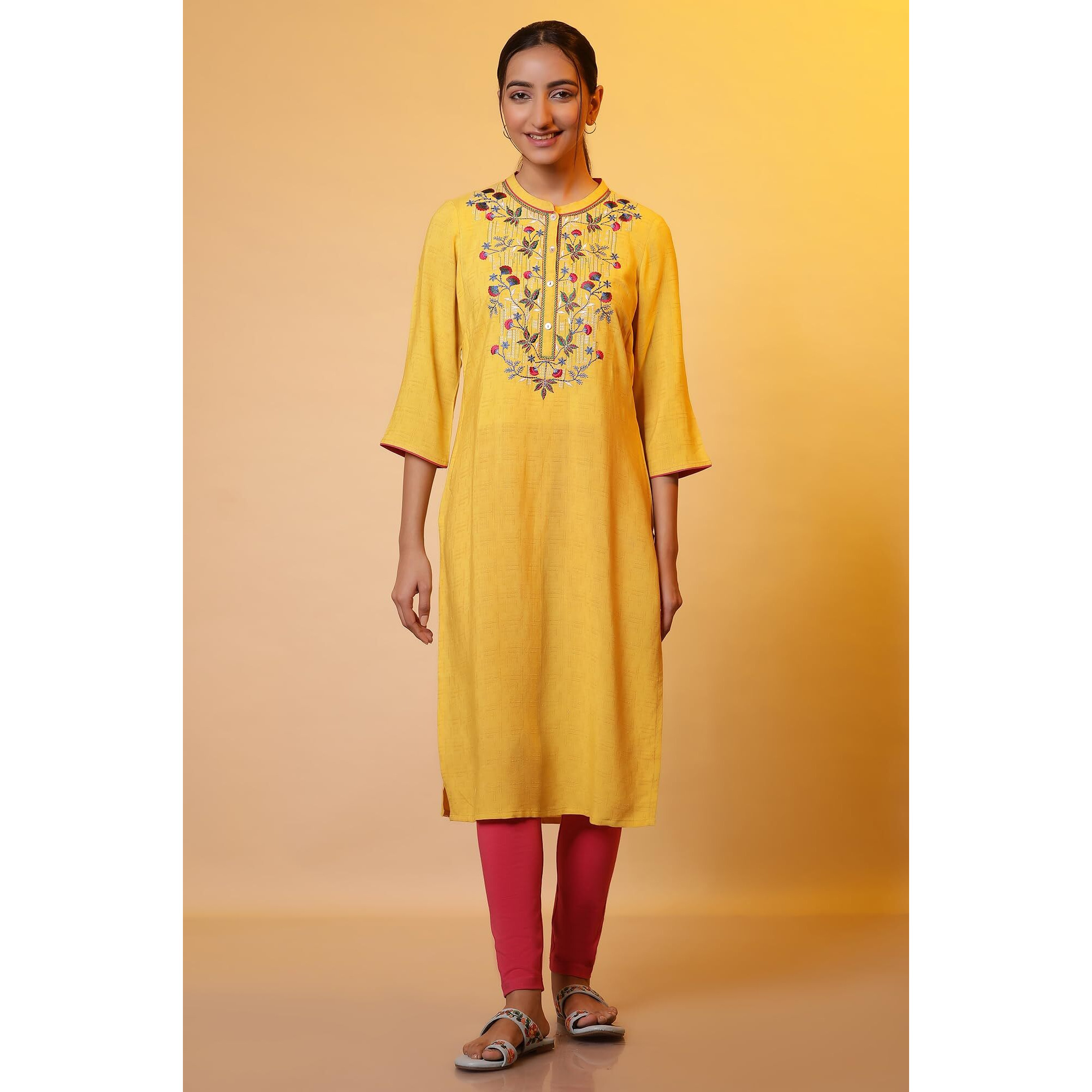 Aurelia Women's Viscose Solid Regular Kurta (24Fea15161_Yellow