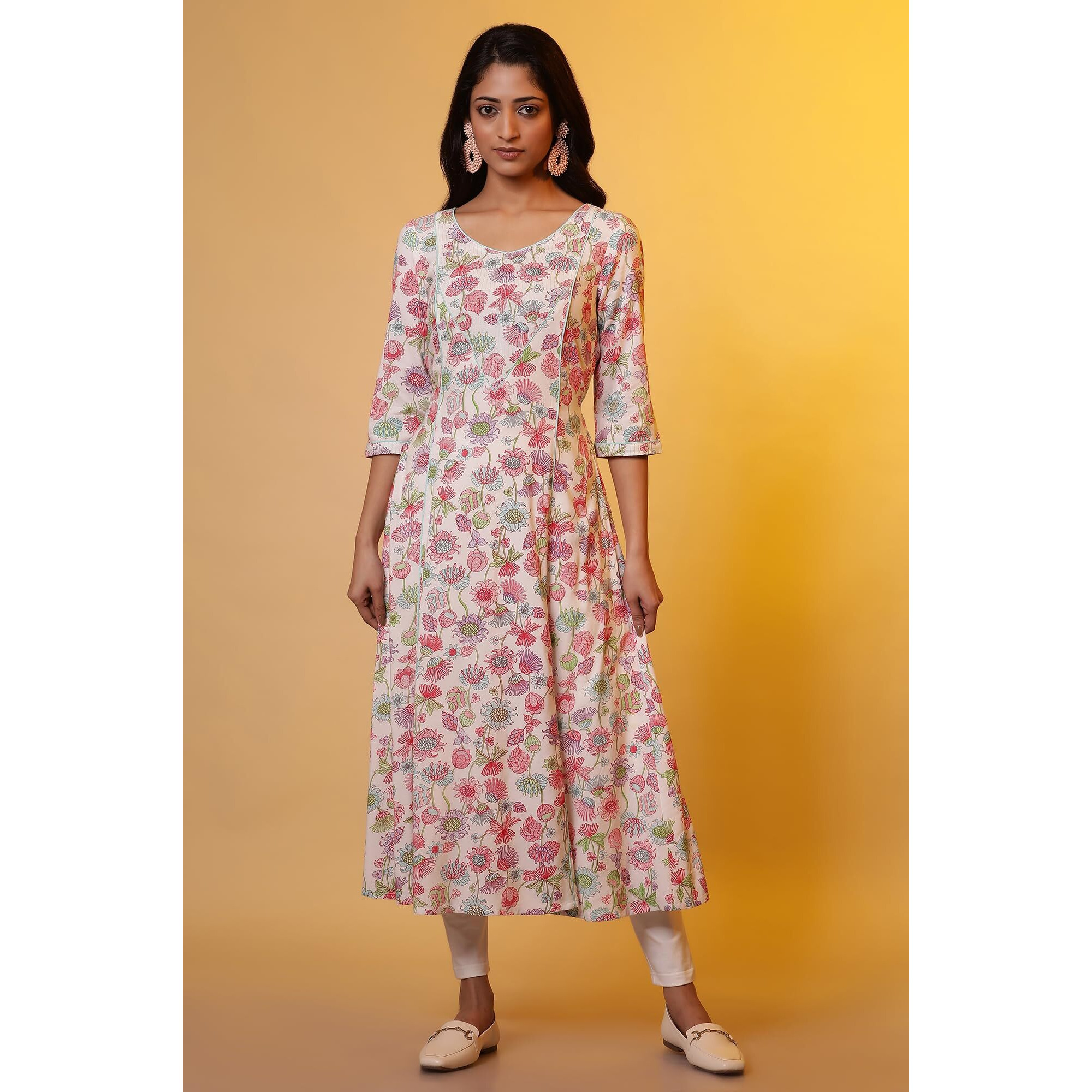 Aurelia Women's Viscose Floral Regular Kurta (24Fea15150_Off White