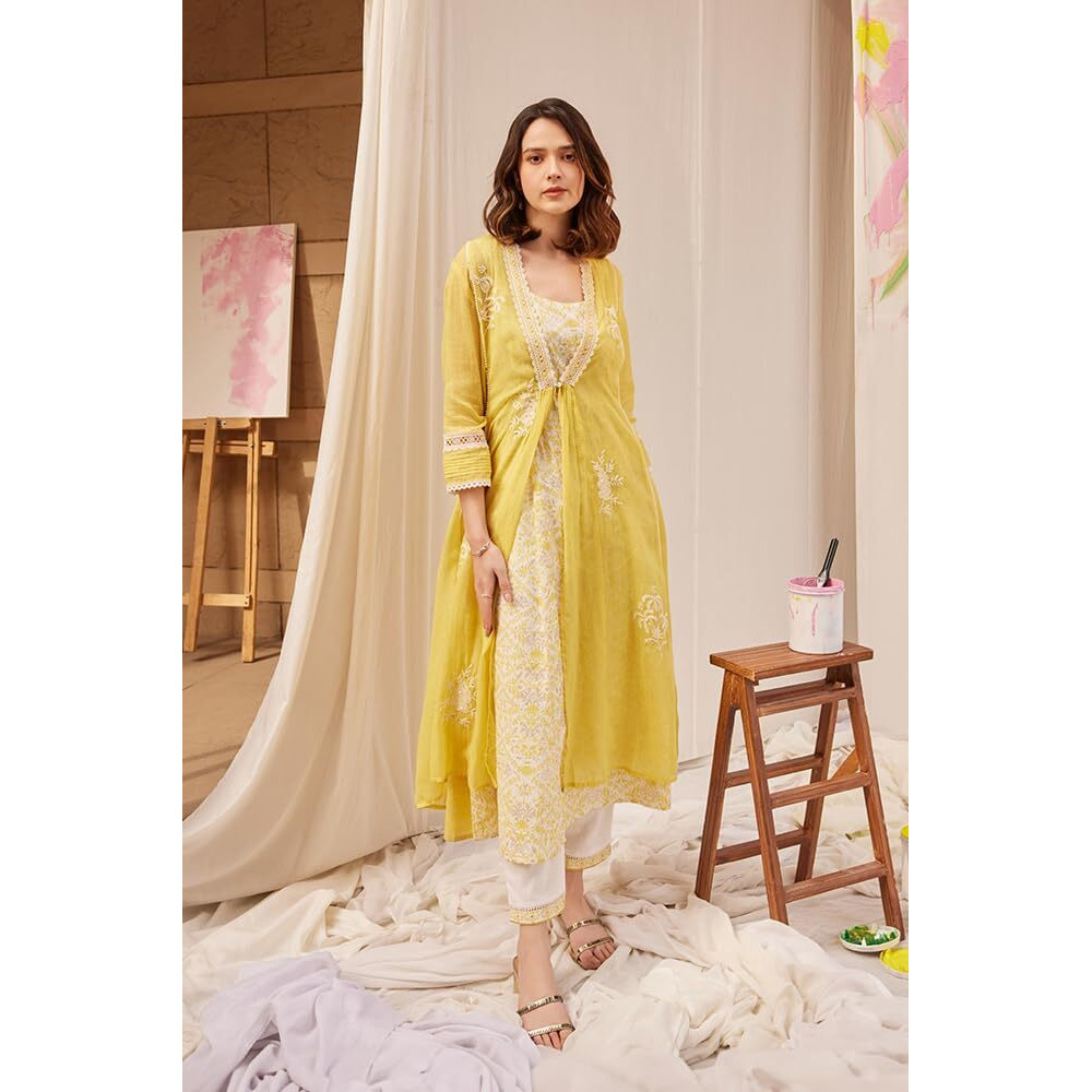 W For Woman W Women Yellow Festive Solid Cotton Kurta, Gilet & Slim Pant_24Fews10496-221247_2Xl