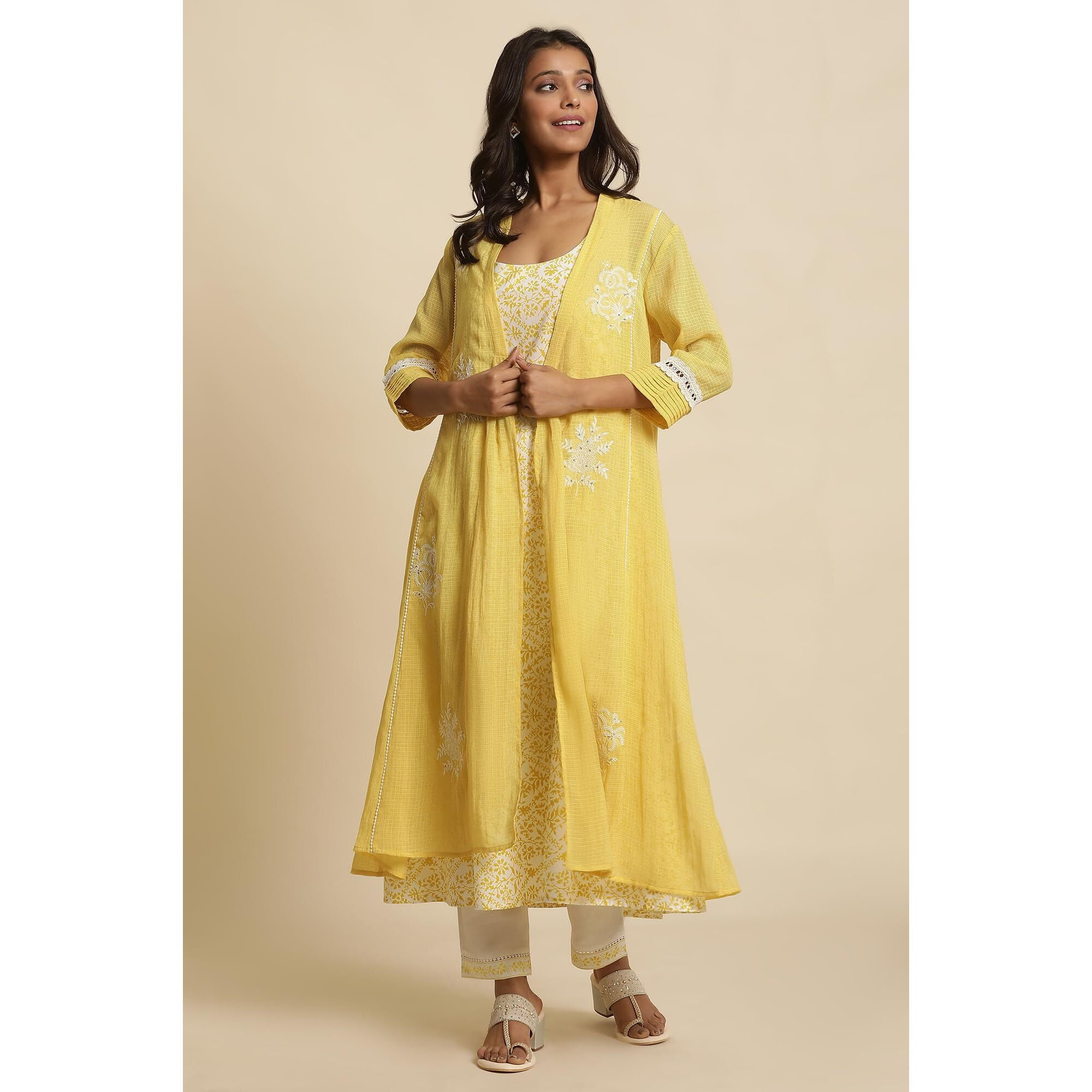 W For Woman W Women Yellow Festive Solid Cotton Kurta, Gilet & Slim Pant_24Fews10496-221247_2Xl