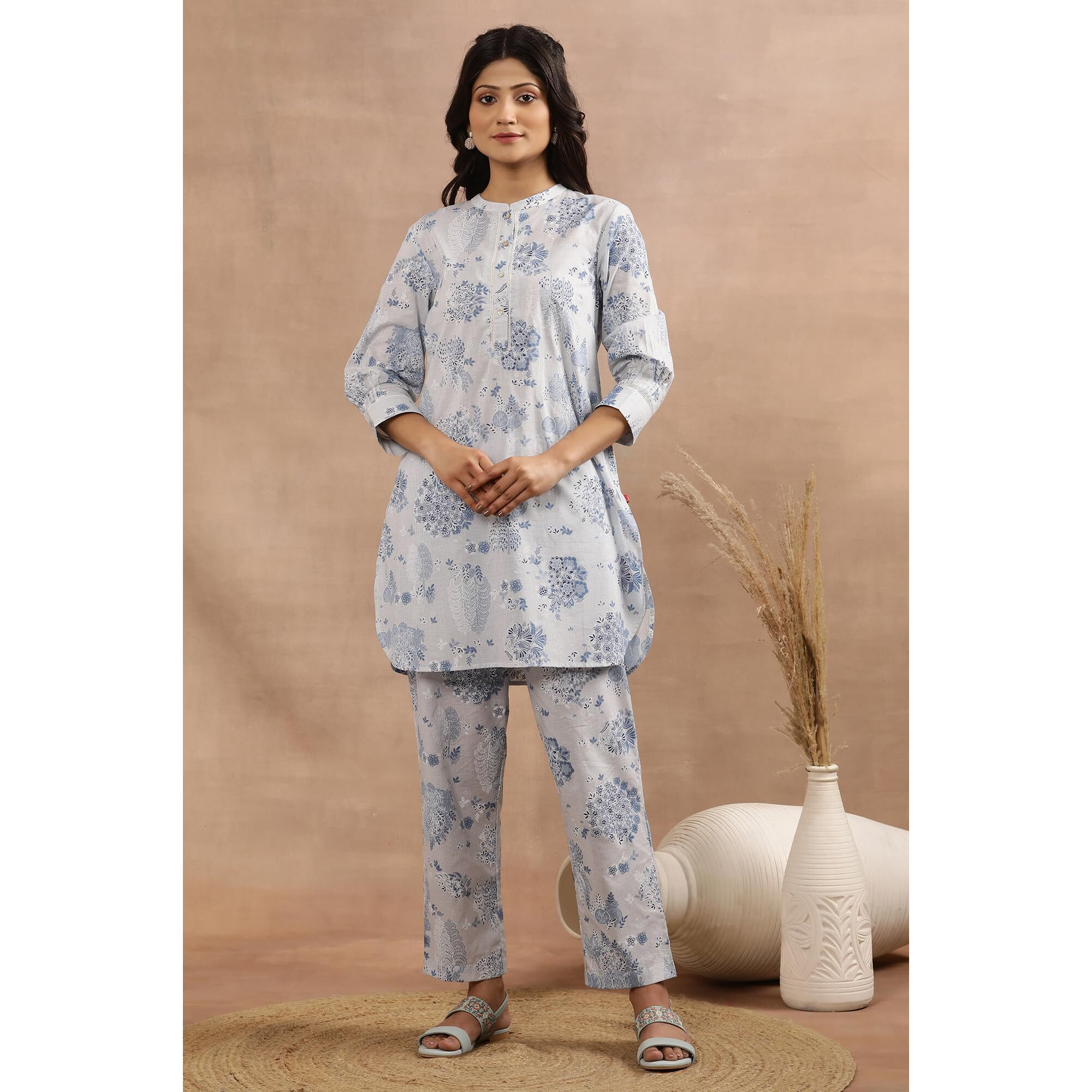 W For Woman Light Blue Printed Short Kurta And Pants Co-Ord Set (Size 2Xl)-24Fews10821-123073