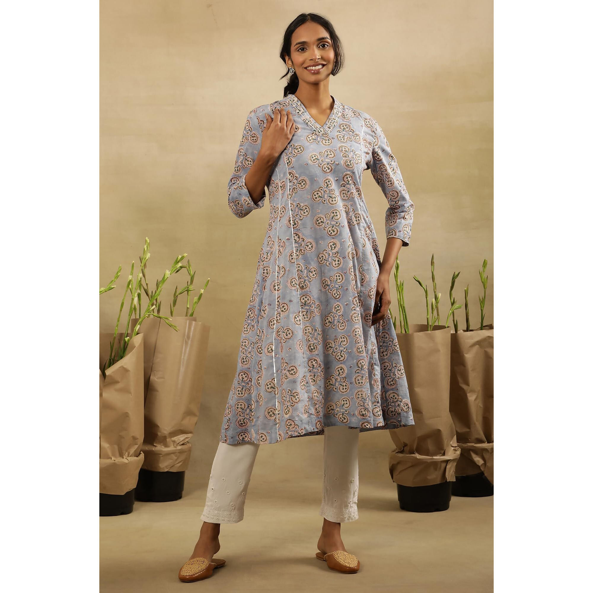 W For Woman Folksong By W Women Blue Festive Printed Cotton Flared Kurta_24Maf11845-911192_Xl