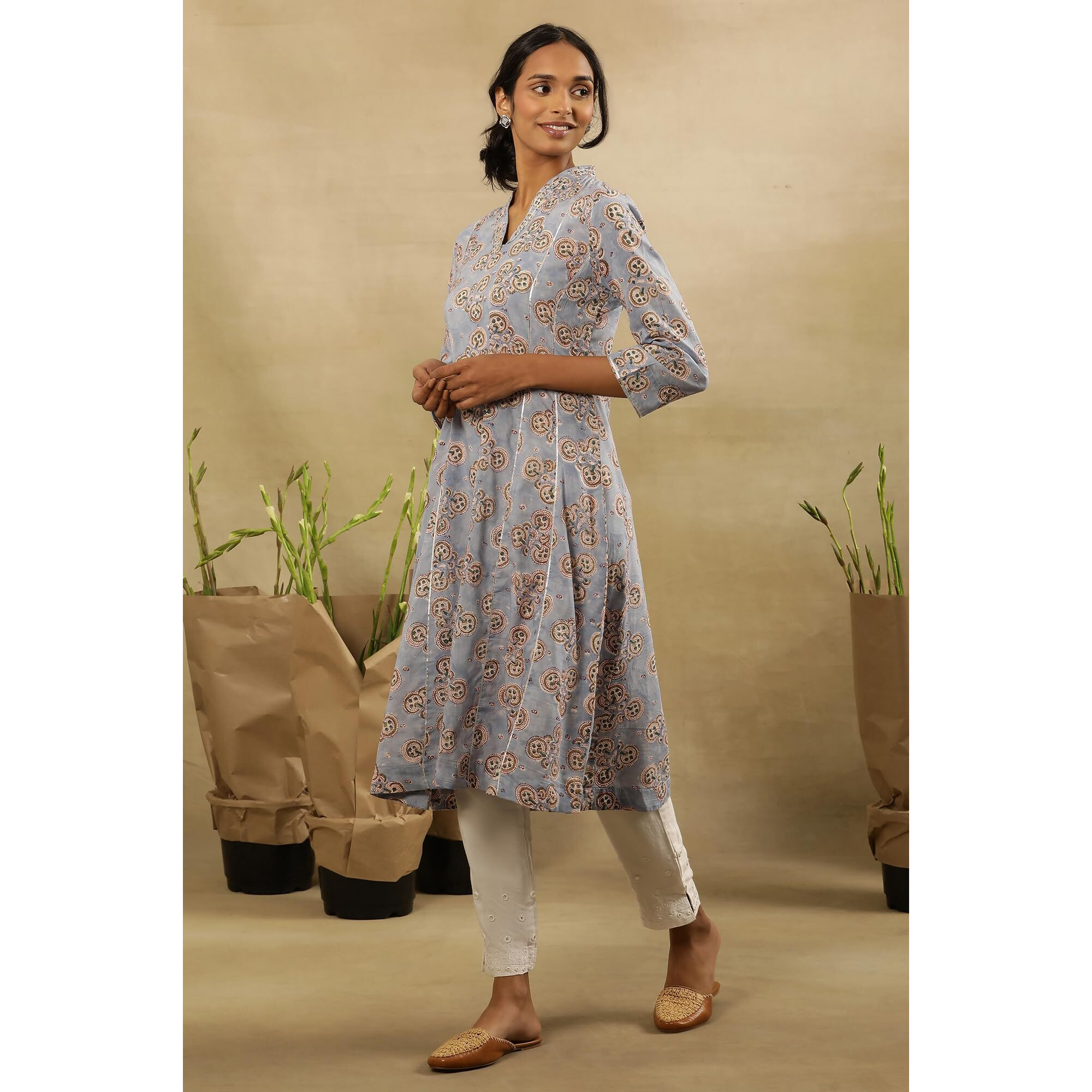 W For Woman Folksong By W Women Blue Festive Printed Cotton Flared Kurta_24Maf11845-911192_Xl
