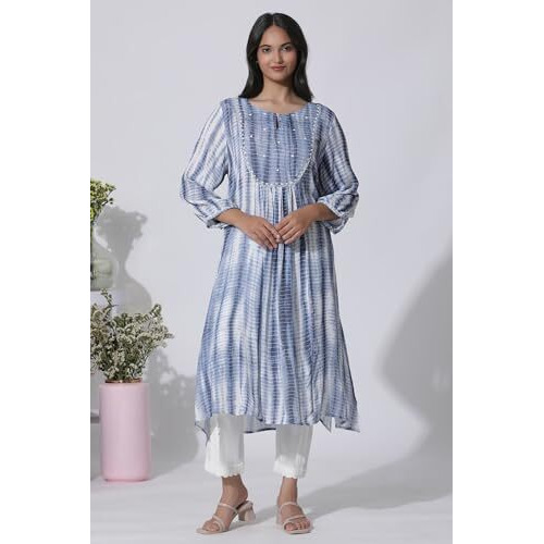 W For Woman White And Blue Tie-Dye A-Line Kurta_24Few10511-123815_L