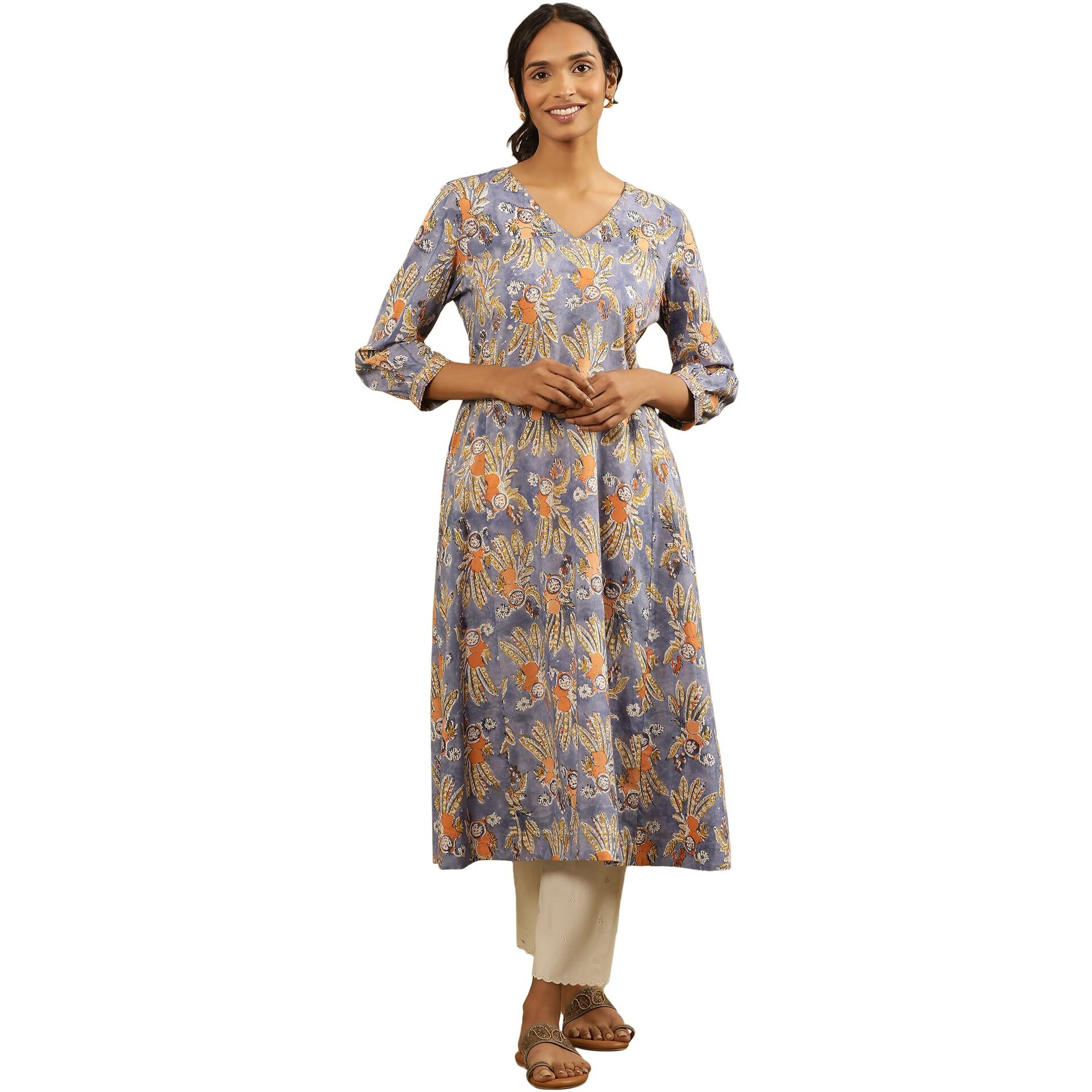 W For Woman Folksong By W Women Blue Floral Print Cotton Flared Kurta_24Maf11843-911075_Xl