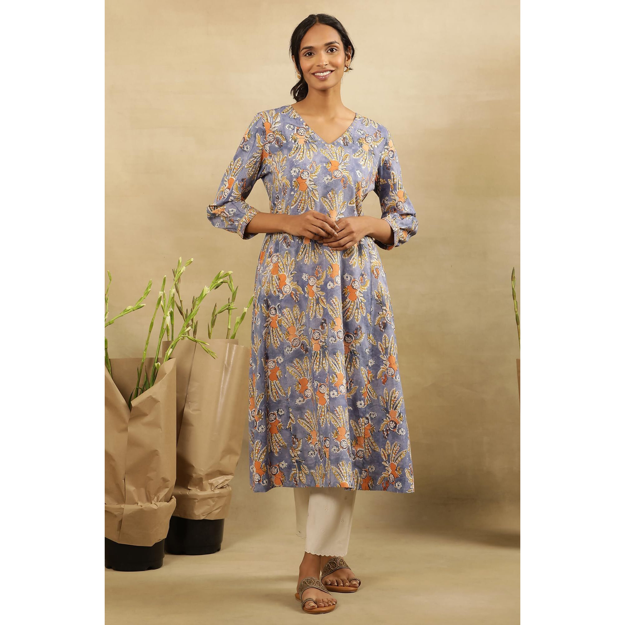 W For Woman Folksong By W Women Blue Floral Print Cotton Flared Kurta_24Maf11843-911075_Xl