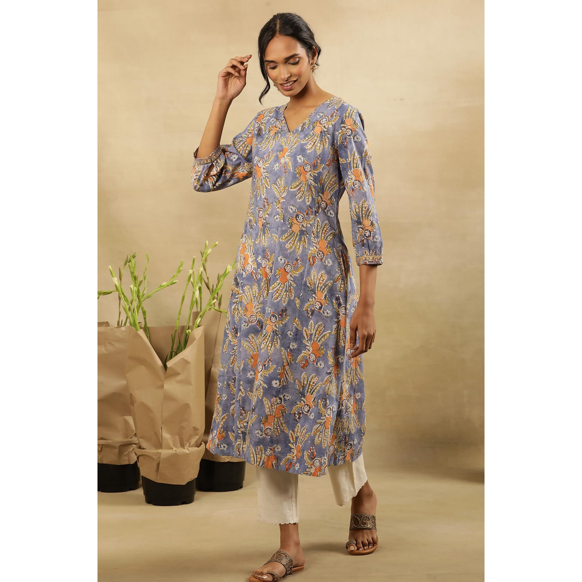 W For Woman Folksong By W Women Blue Floral Print Cotton Flared Kurta_24Maf11843-911075_Xl
