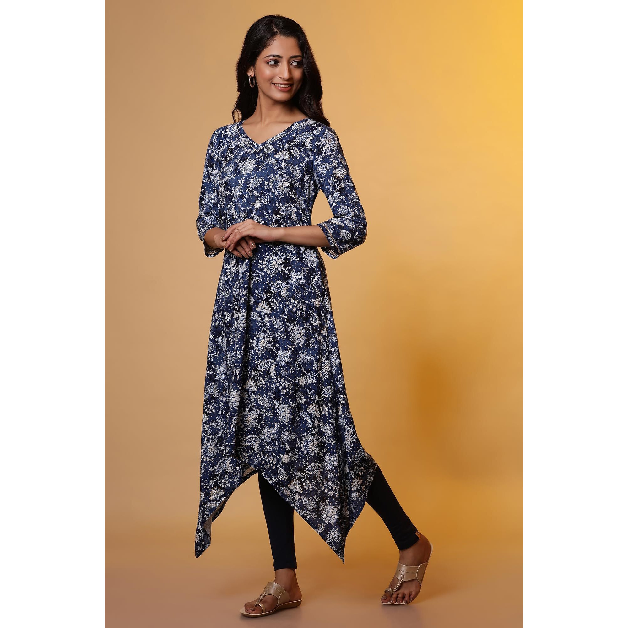 Aurelia Women's Rayon Floral Regular Kurta (24Fea14821_Blue