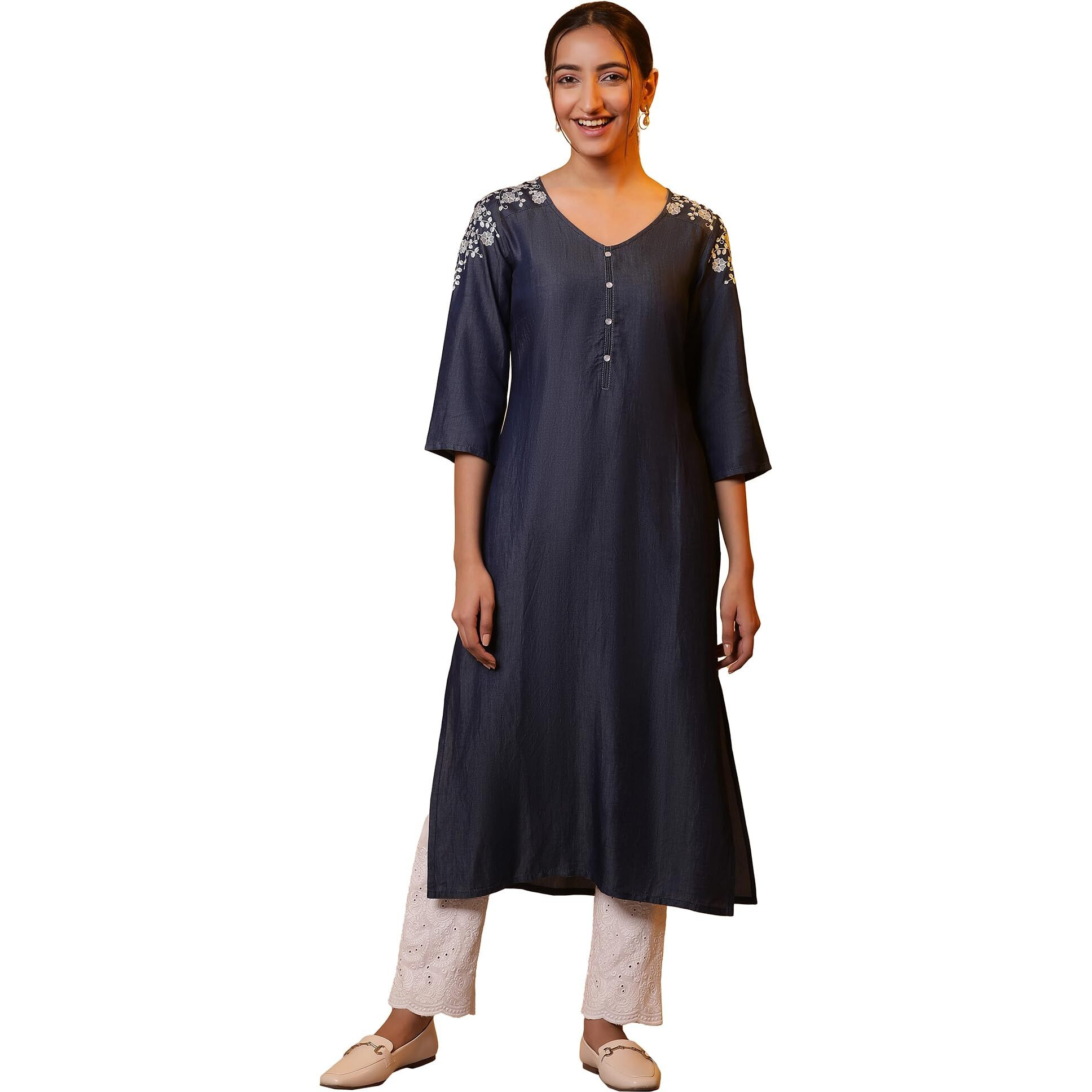 Aurelia Women's Cotton Floral Regular Kurta (24Fea14851_Blue