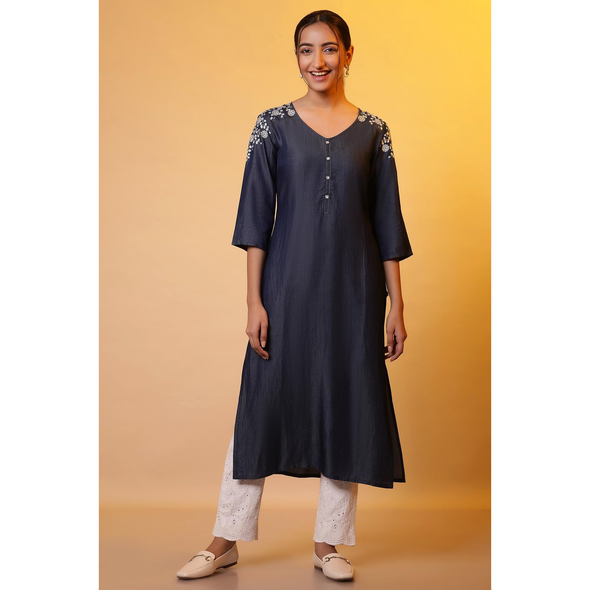 Aurelia Women's Cotton Floral Regular Kurta (24Fea14851_Blue