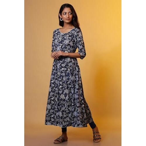 Aurelia Women's Rayon Floral Regular Kurta (24Fea14855_Blue
