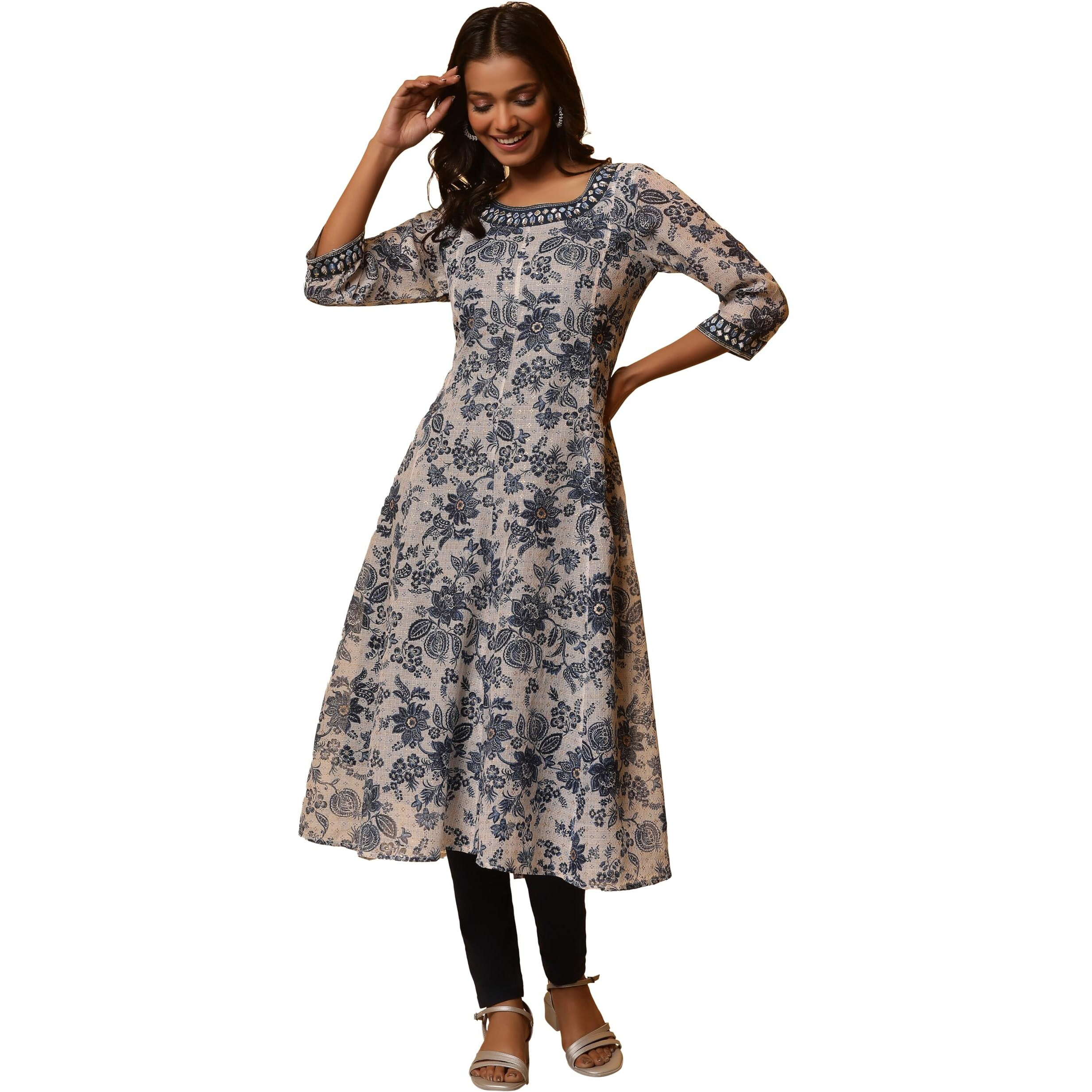 Blue Floral Printed Anarkali Kurta With Embroidered Neck (Size Xl)-24Fea14850-508224