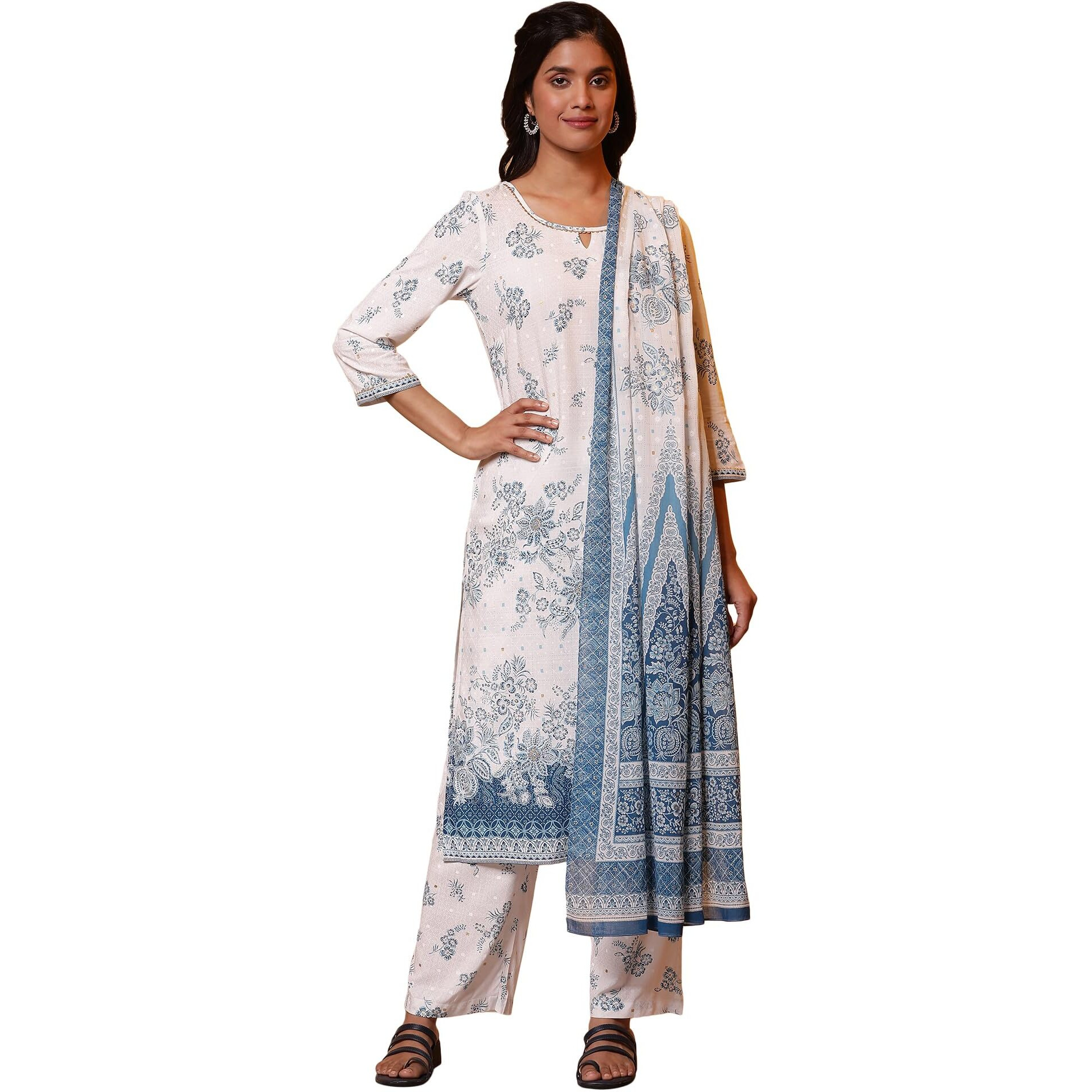 Aurelia White Floral Printed Kurta, Palazzo And Dupatta Set (Size M)-24Feas14853-508216
