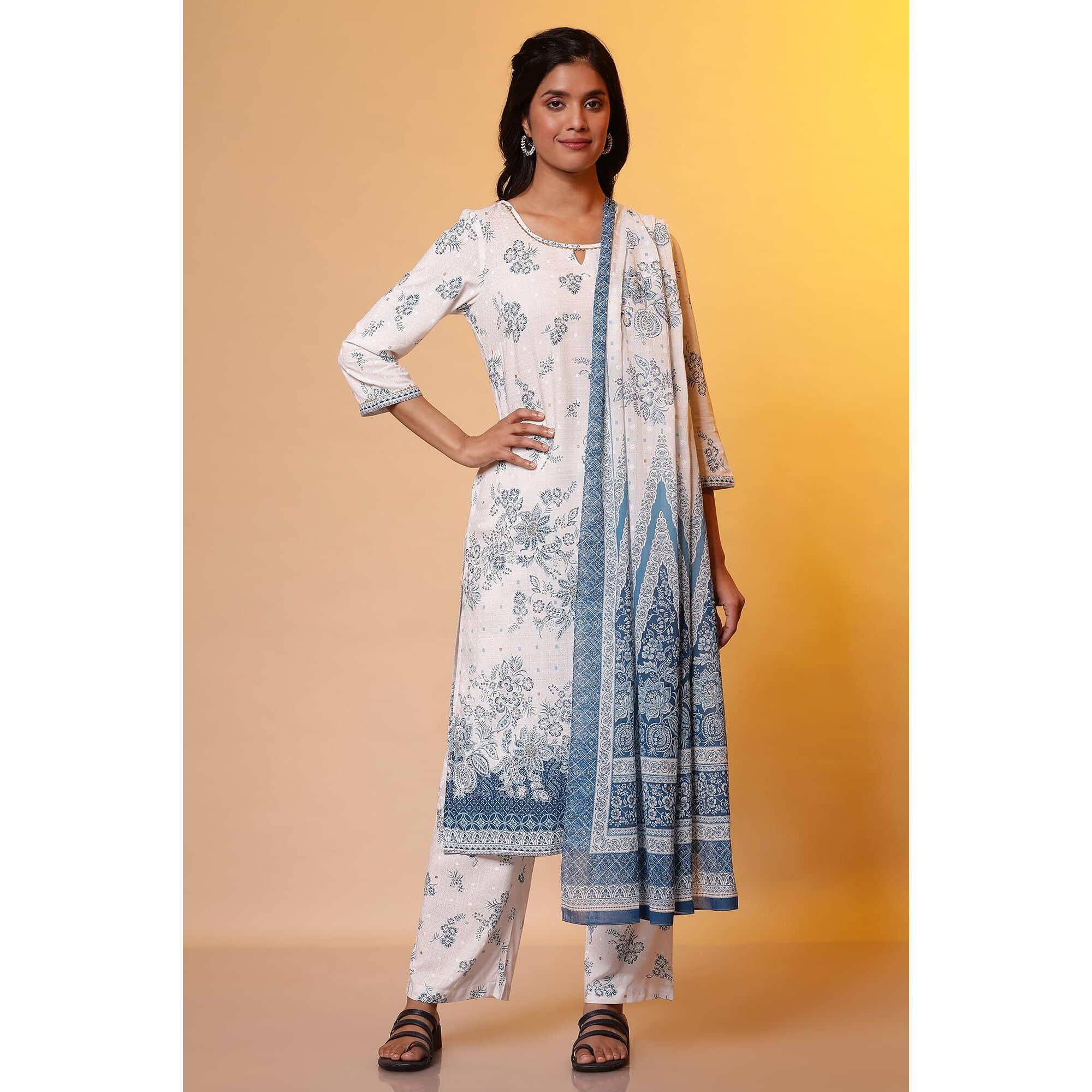 Aurelia White Floral Printed Kurta, Palazzo And Dupatta Set (Size M)-24Feas14853-508216