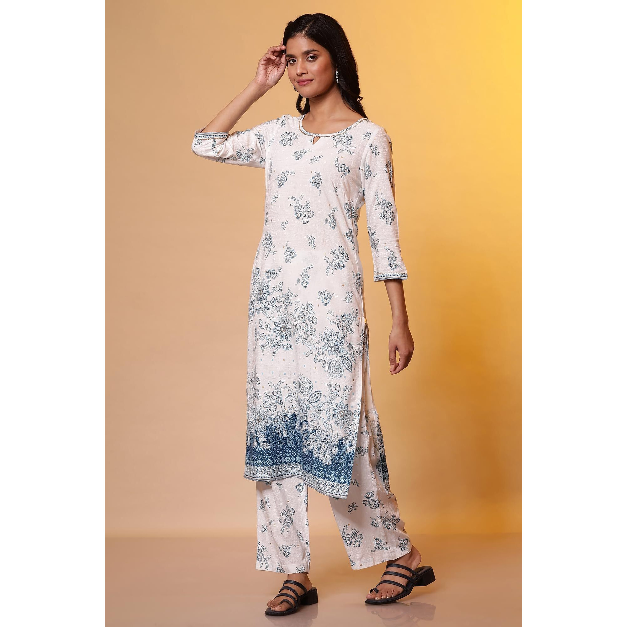 Aurelia White Floral Printed Kurta, Palazzo And Dupatta Set (Size M)-24Feas14853-508216