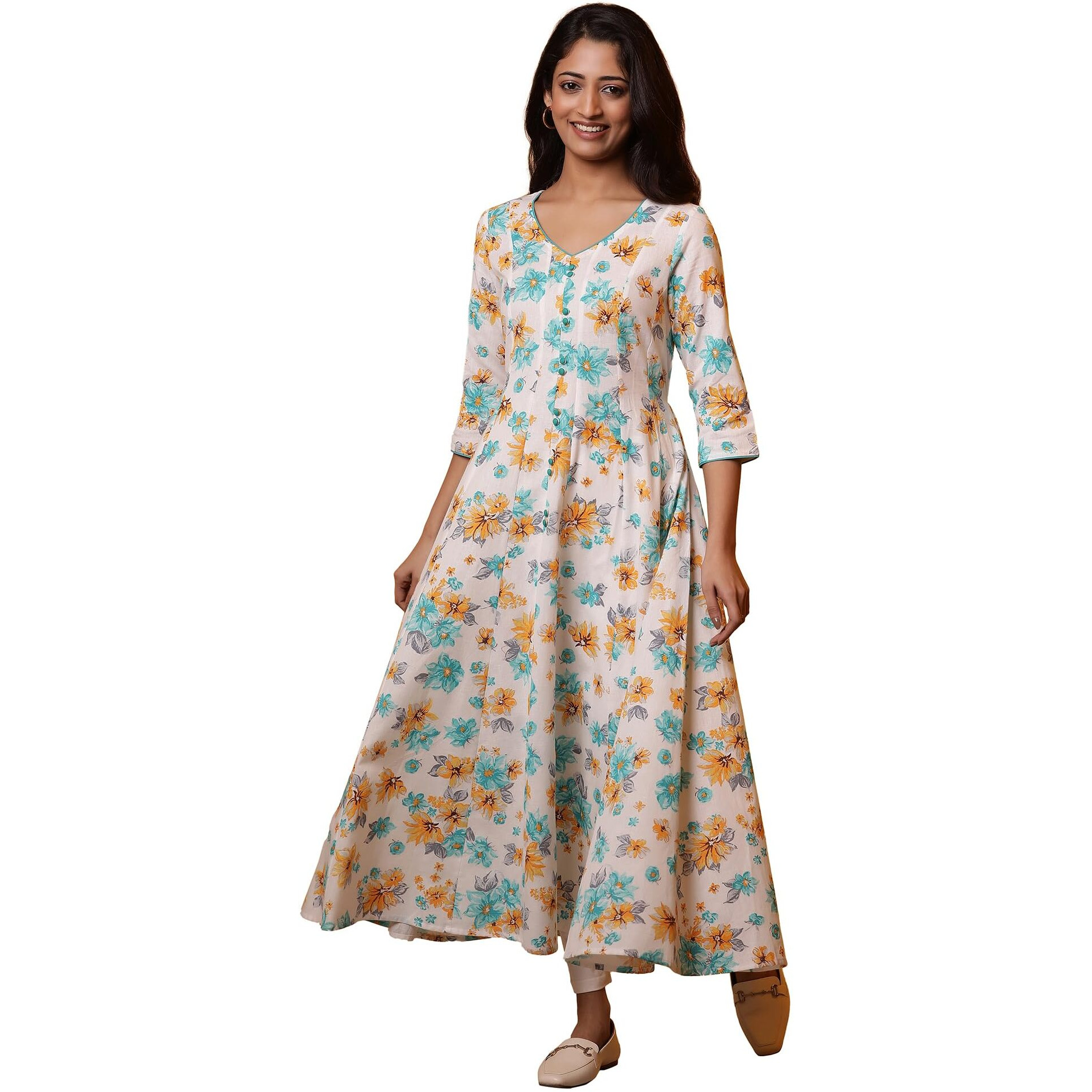 Aurelia Womens Floral Printed Flared Kurta | V-Neck Kurta For Women | Floral Printed Kurta For Women | Beautiful Regular Fit Kurta For Women White