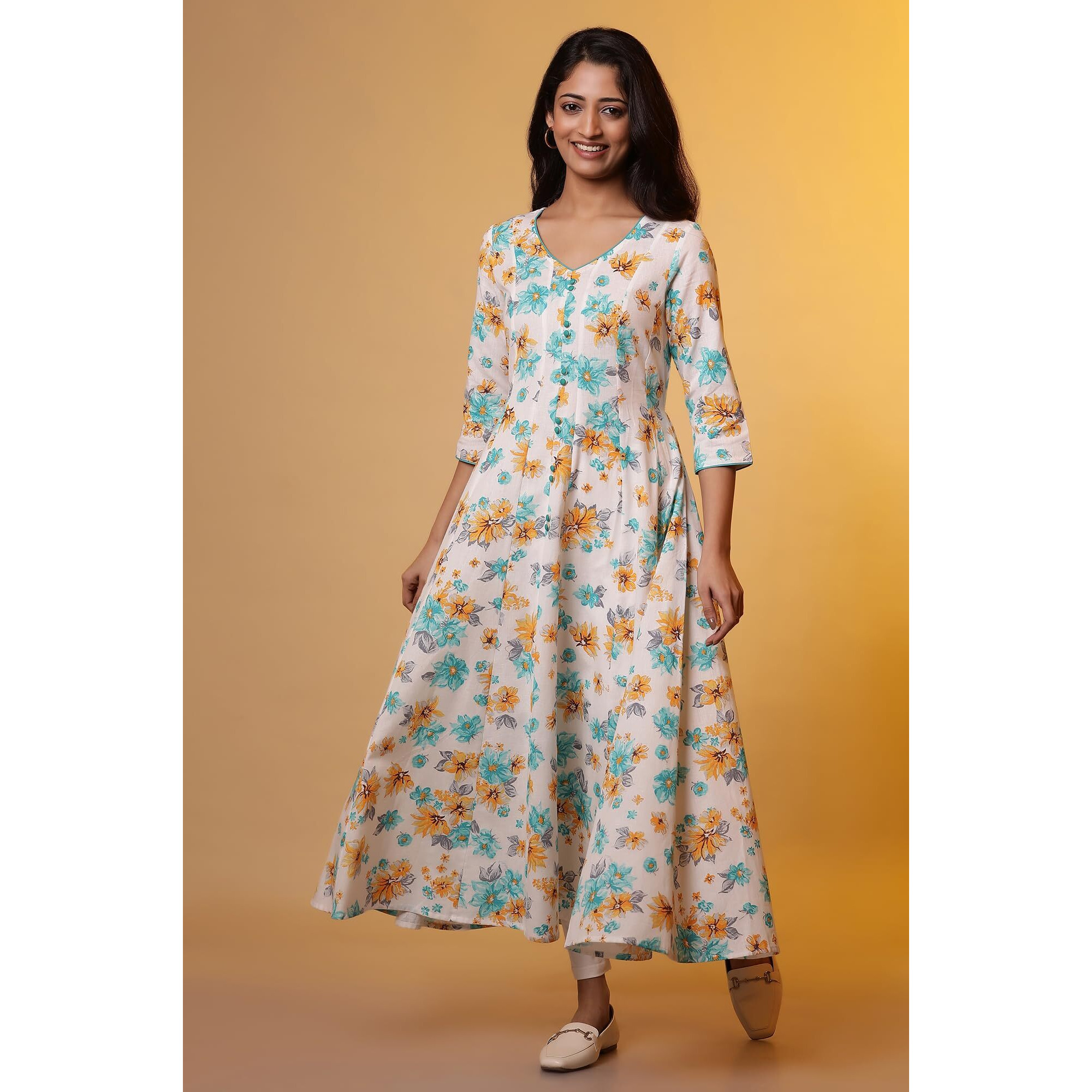 Aurelia Womens Floral Printed Flared Kurta | V-Neck Kurta For Women | Floral Printed Kurta For Women | Beautiful Regular Fit Kurta For Women White