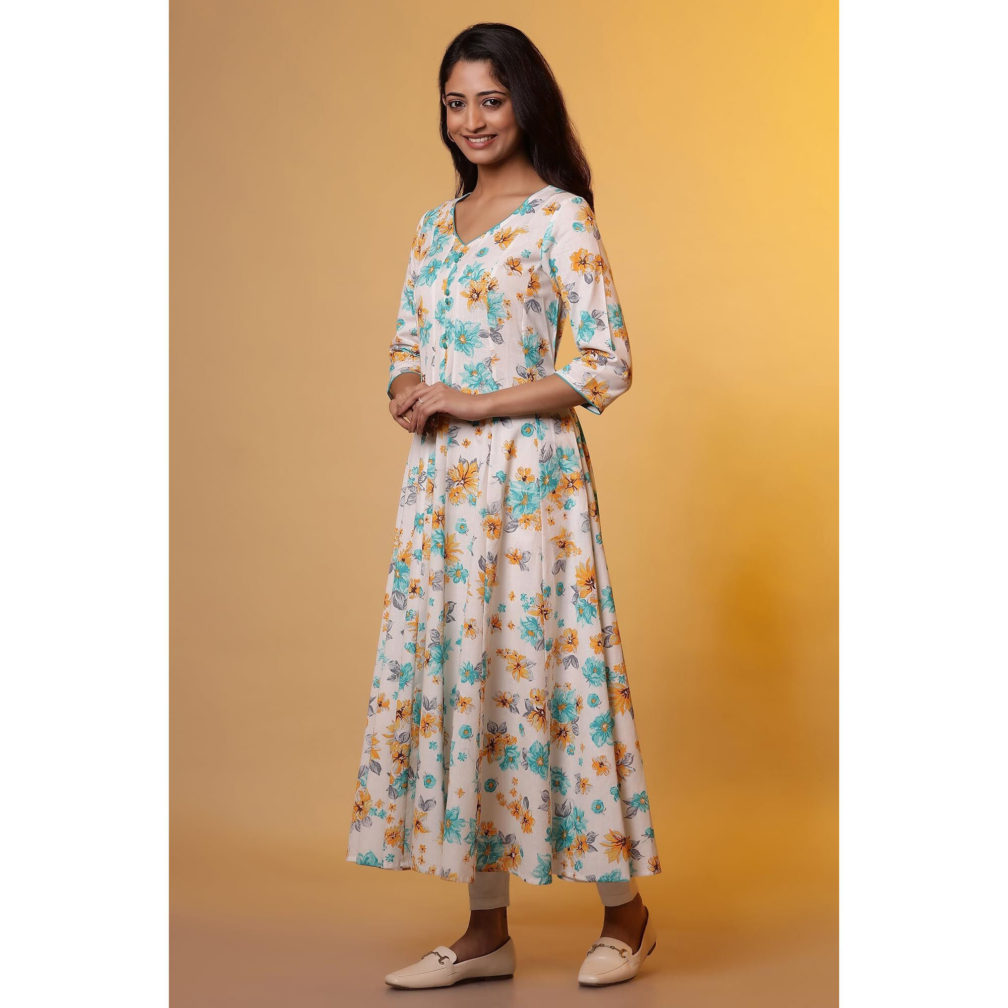 Aurelia Womens Floral Printed Flared Kurta | V-Neck Kurta For Women | Floral Printed Kurta For Women | Beautiful Regular Fit Kurta For Women White