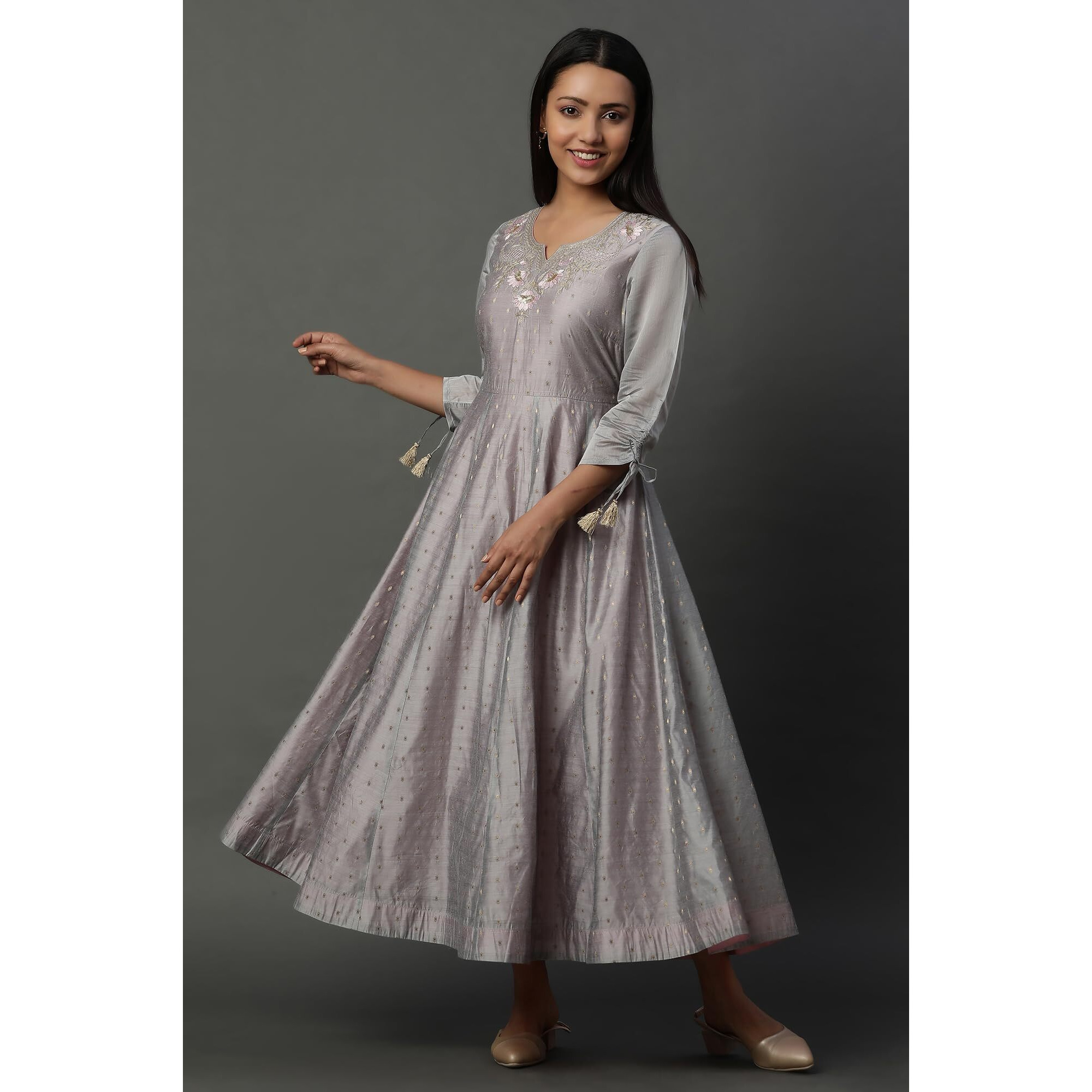 Aurelia Grey Zari Embroidered Flared Dress (Size L)-24Fea15109-704597