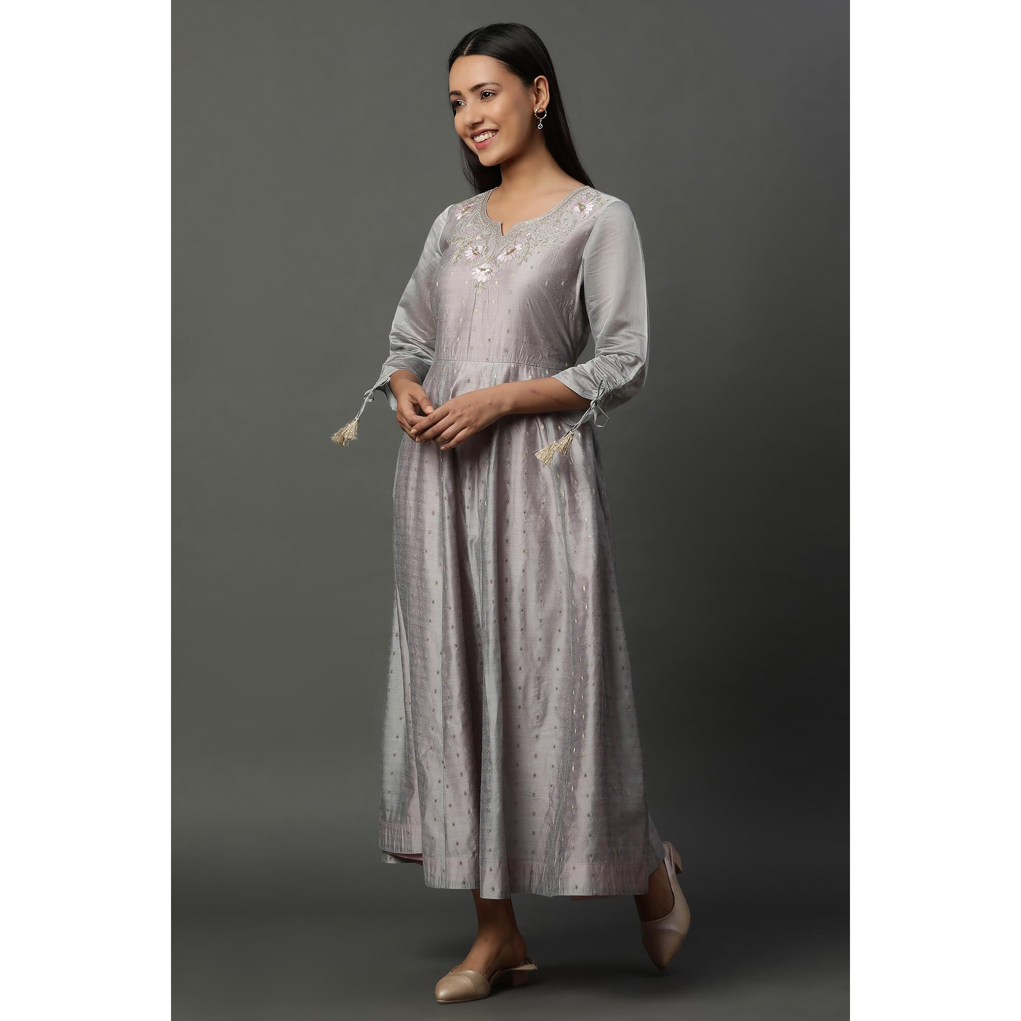 Aurelia Grey Zari Embroidered Flared Dress (Size L)-24Fea15109-704597