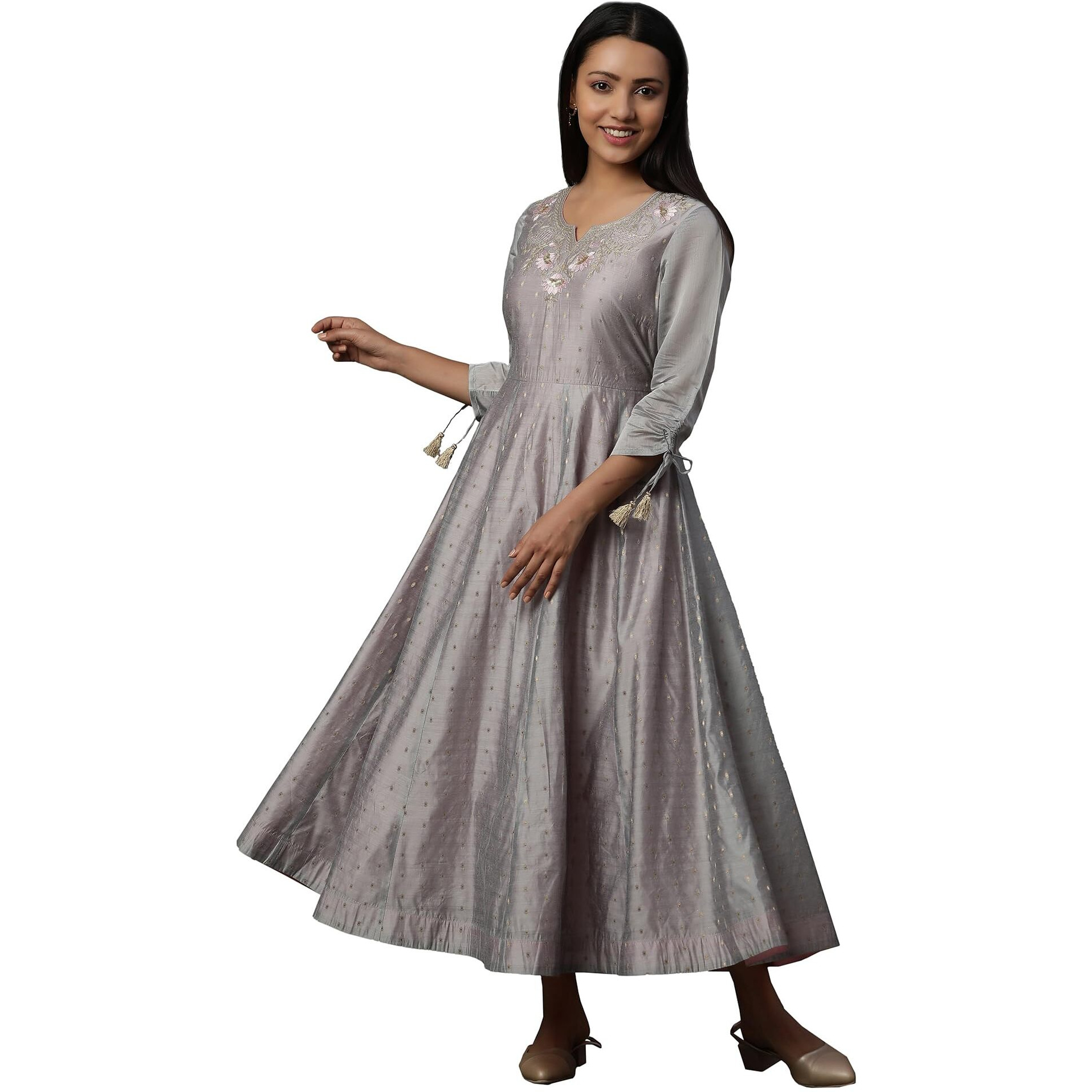 Aurelia Grey Zari Embroidered Flared Dress (Size M)-24Fea15109-704597