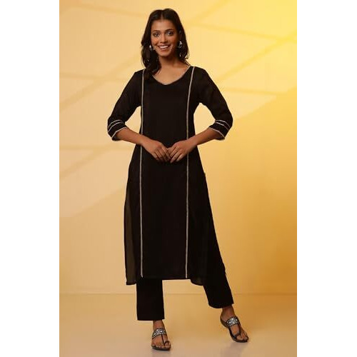 Aurelia Women Black Embellished Viscose Straight Kurta_24Fea15103_L