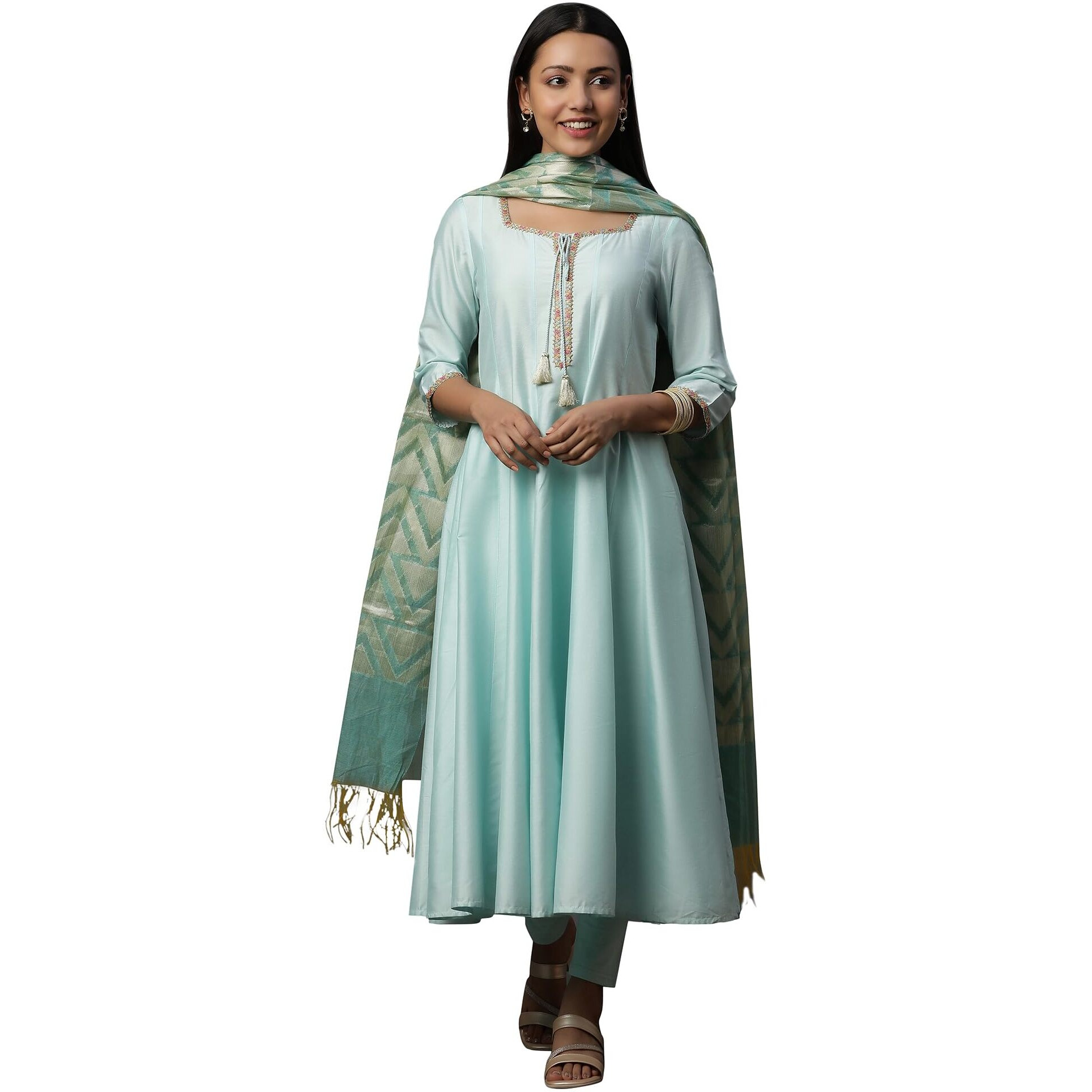 Blue Flared Anarkali Kurta, Tights And Jacquard Dupatta (Size L)-24Feas15112-705011