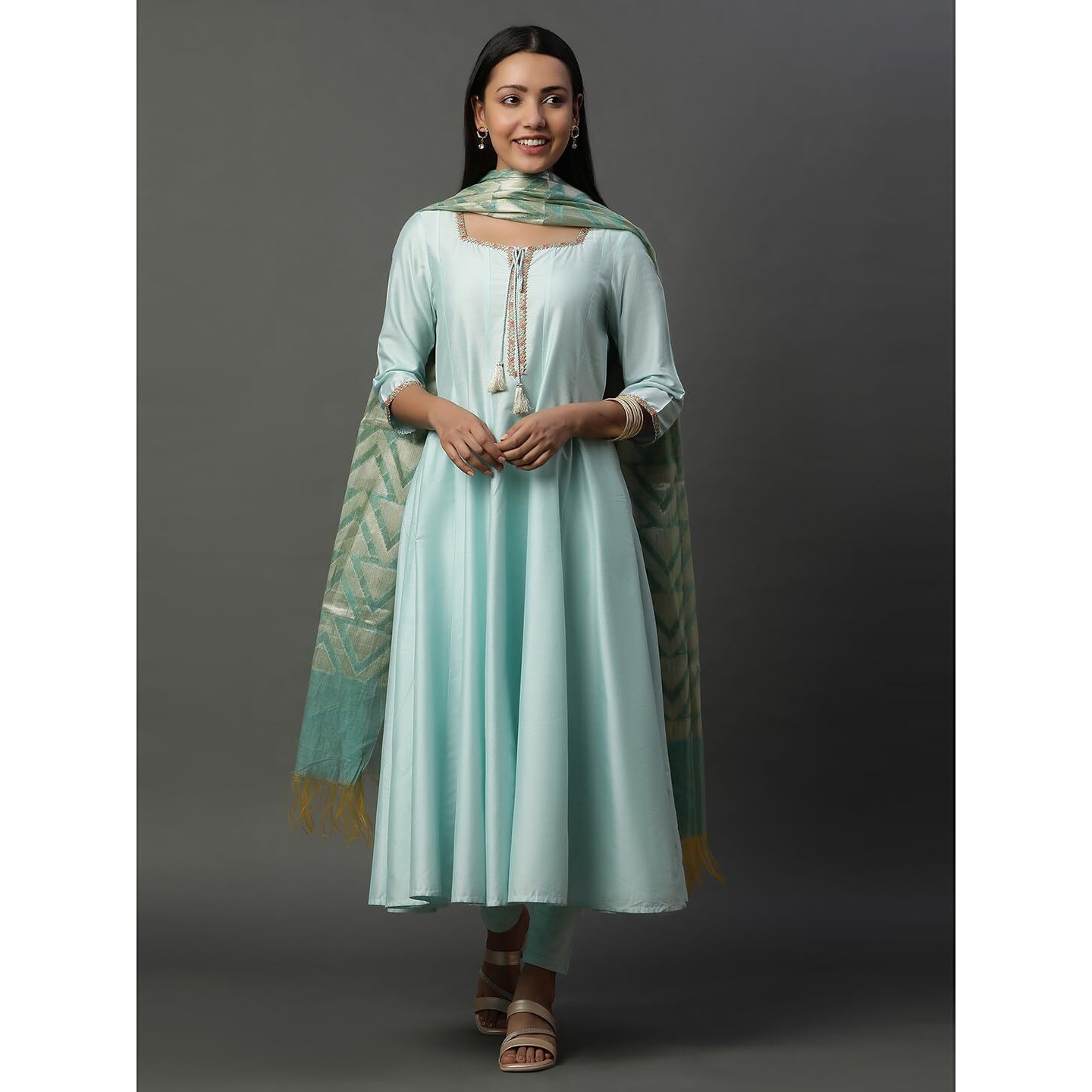 Blue Flared Anarkali Kurta, Tights And Jacquard Dupatta (Size L)-24Feas15112-705011
