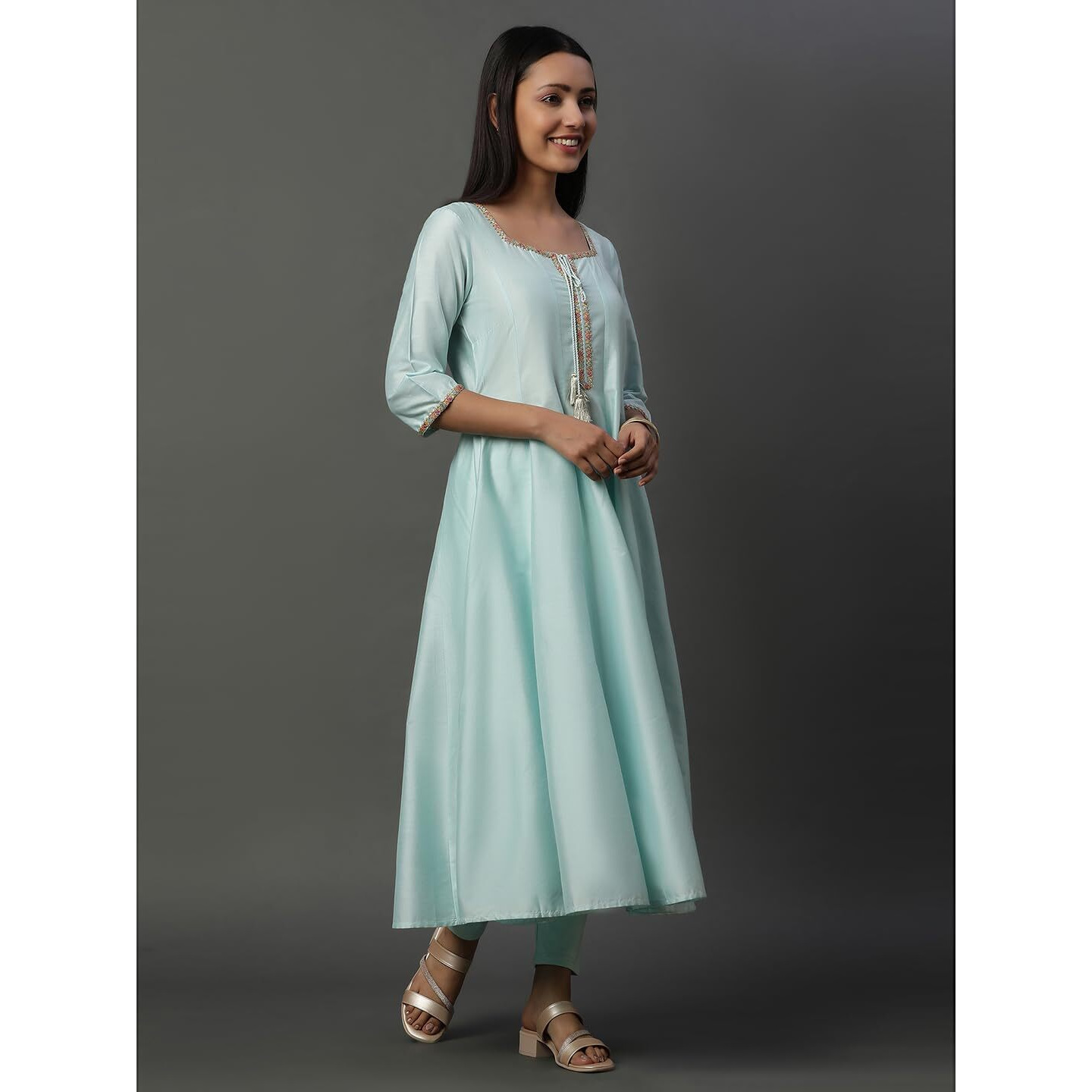 Blue Flared Anarkali Kurta, Tights And Jacquard Dupatta (Size L)-24Feas15112-705011