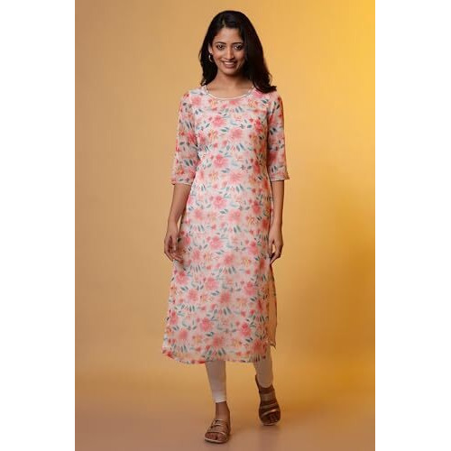 Aurelia Women's Viscose Floral Regular Kurta (24Fea15240_White
