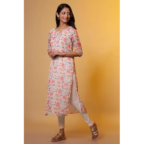 Aurelia Women's Viscose Floral Regular Kurta (24Fea15240_White