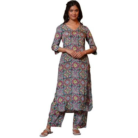 Aurelia Women's Viscose Floral Regular Kurta (24Fea15220_Blue