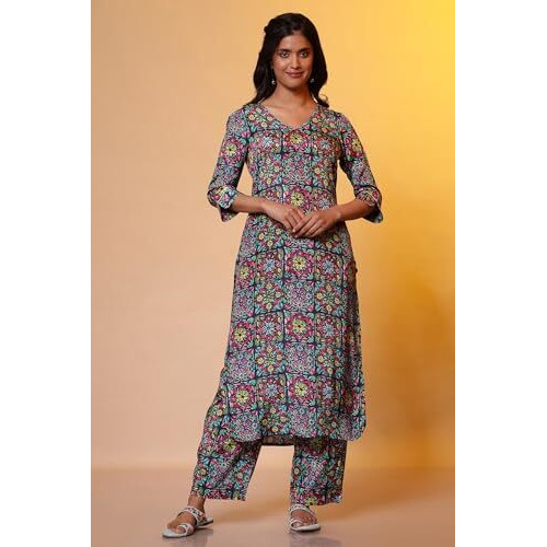 Aurelia Women's Viscose Floral Regular Kurta (24Fea15220_Blue